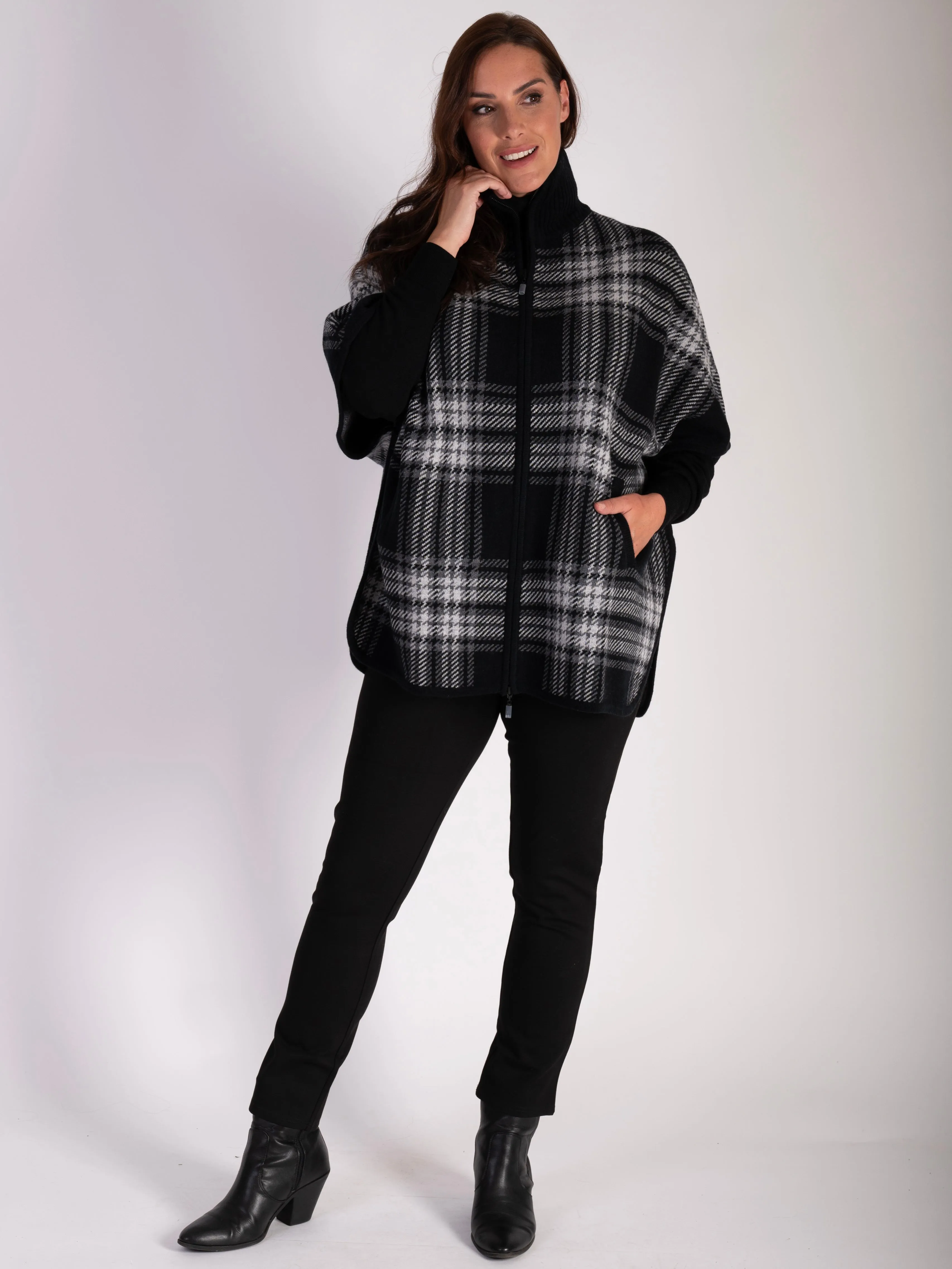 Black and White Wool-Cashmere Checked Zip Poncho