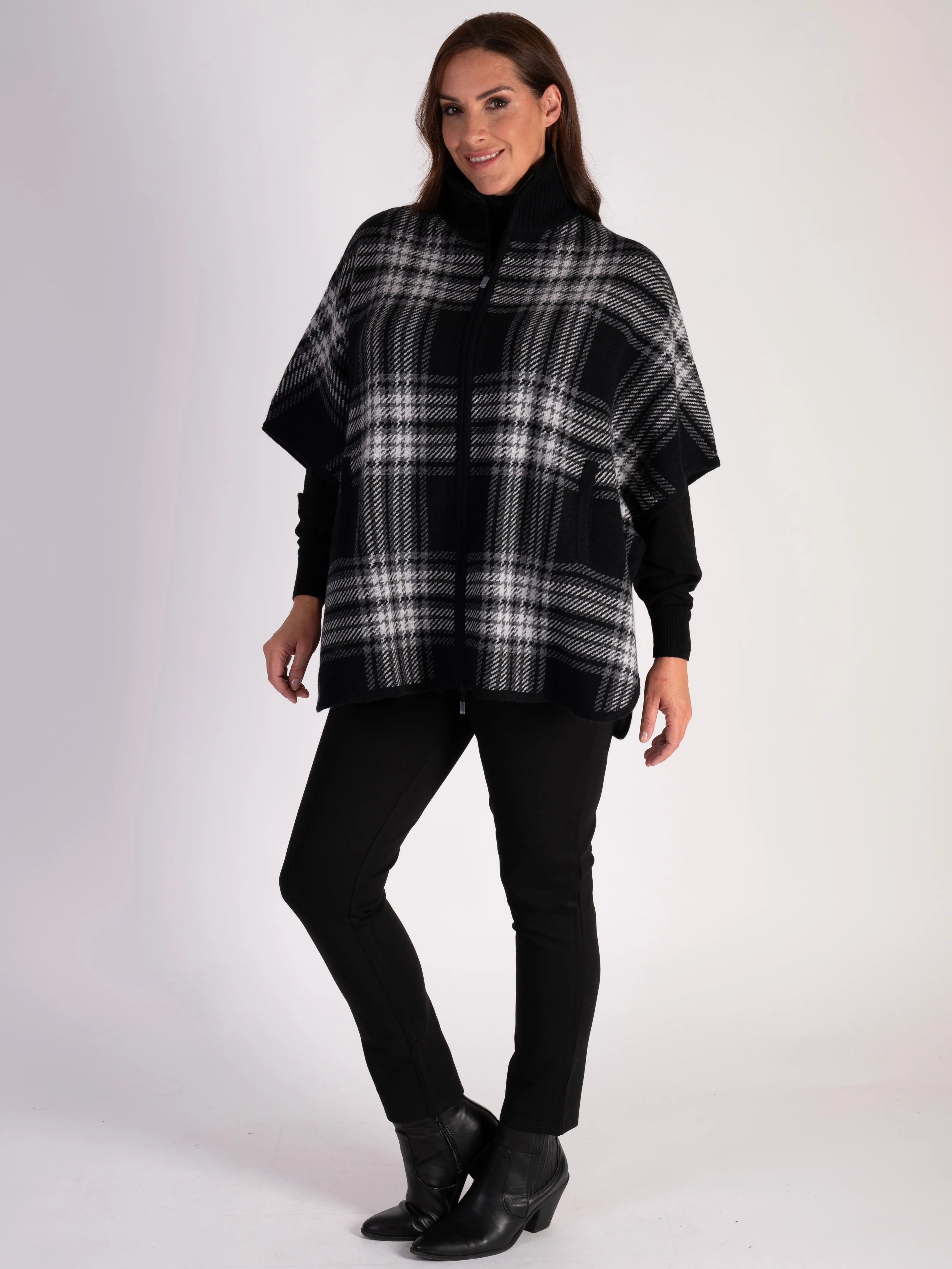 Black and White Wool-Cashmere Checked Zip Poncho