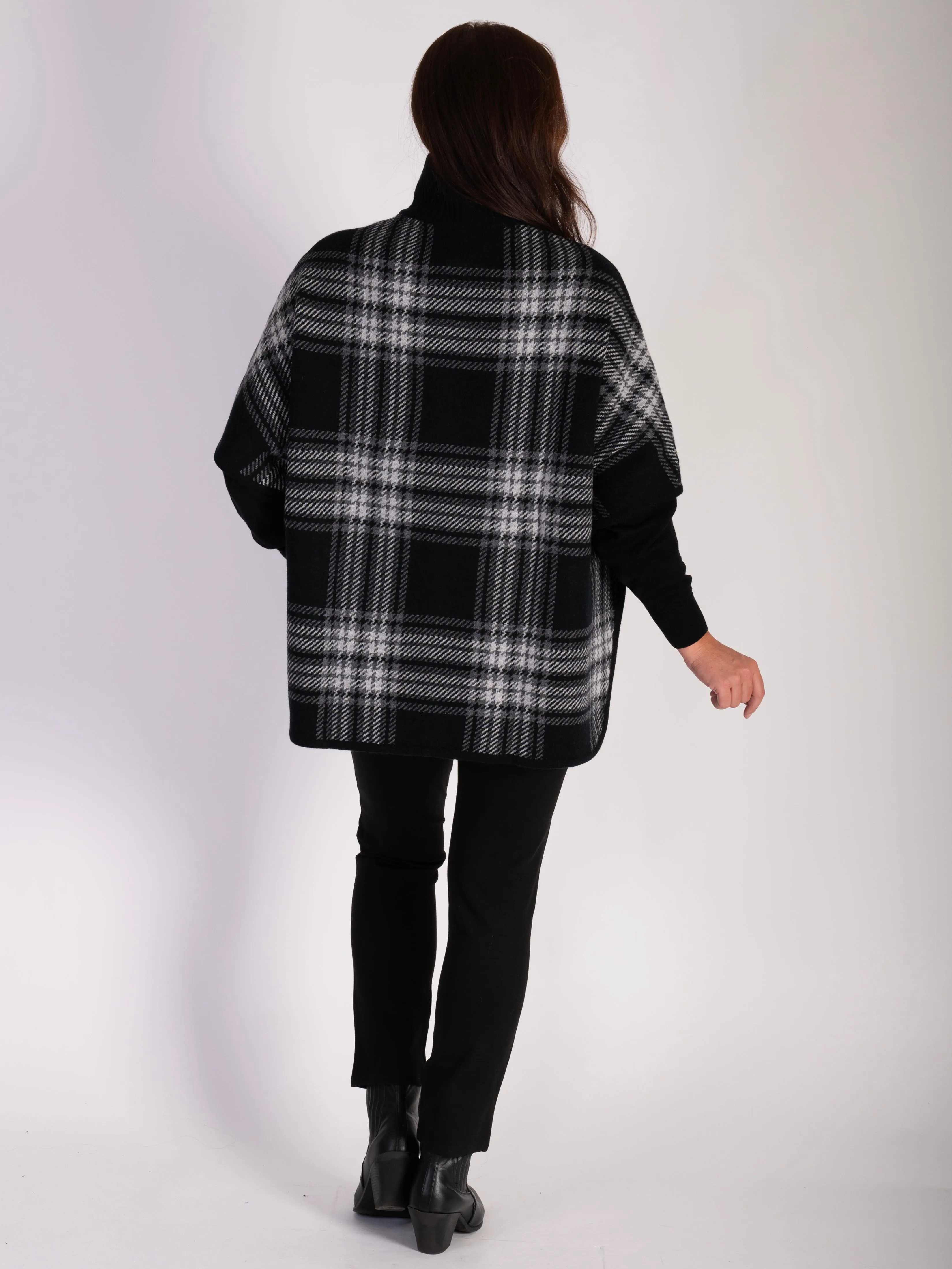 Black and White Wool-Cashmere Checked Zip Poncho