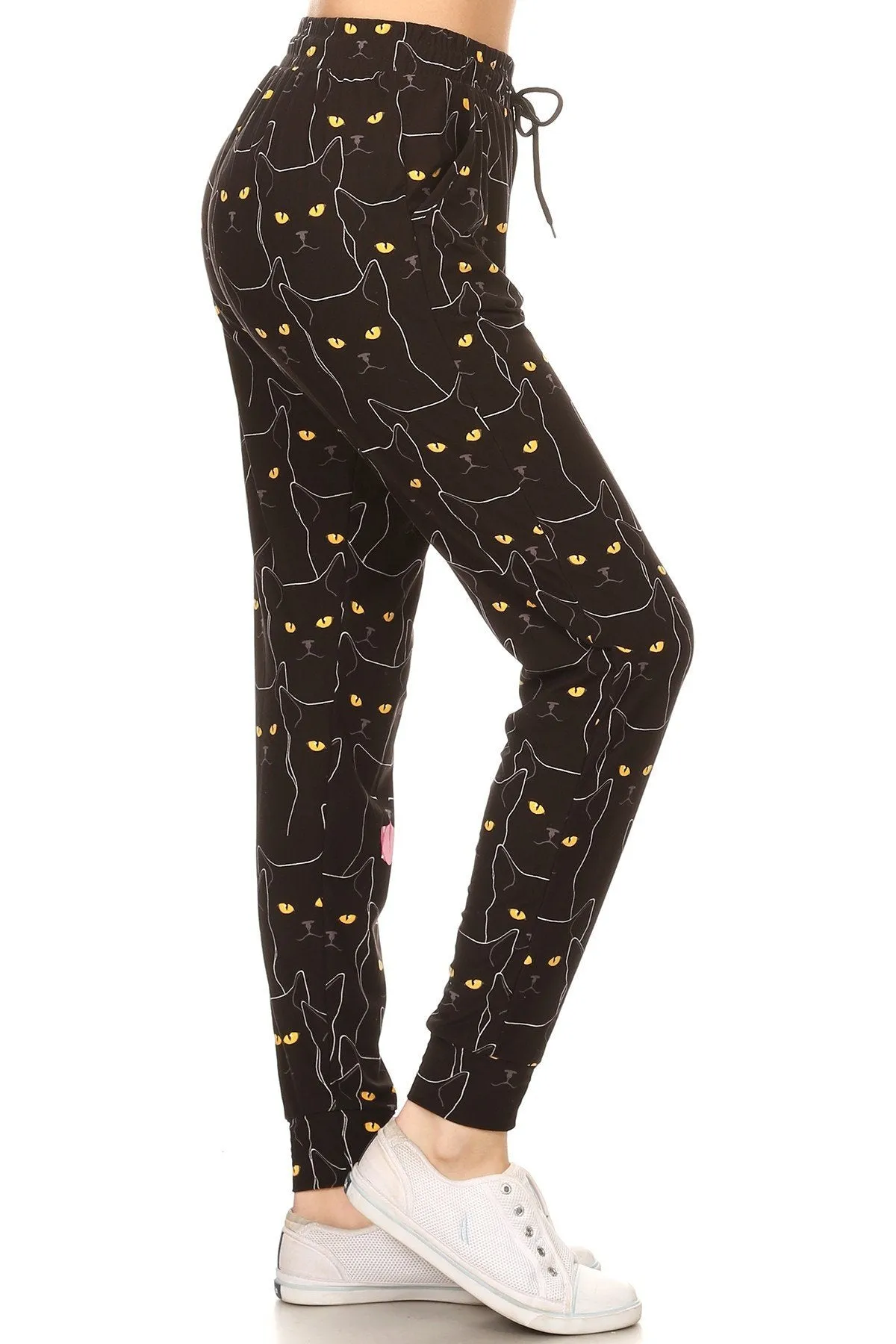 Black Cat Print Soft Lounge Jogger Pants