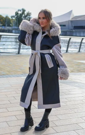 Black PU Leather Long Aviator Trench Coat With Fur Lining