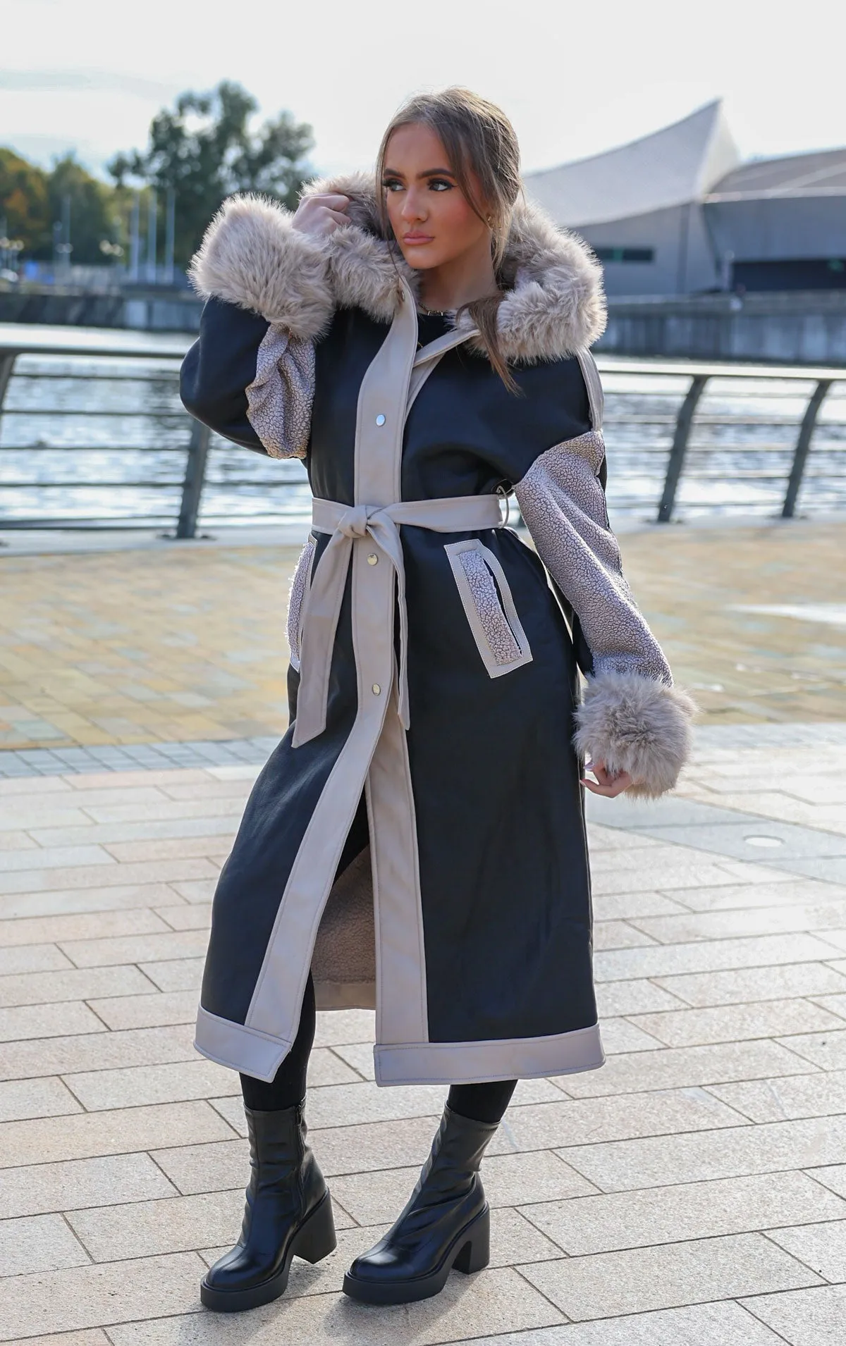 Black PU Leather Long Aviator Trench Coat With Fur Lining