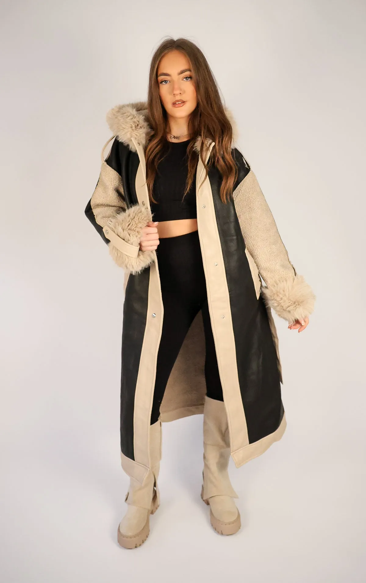 Black PU Leather Long Aviator Trench Coat With Fur Lining