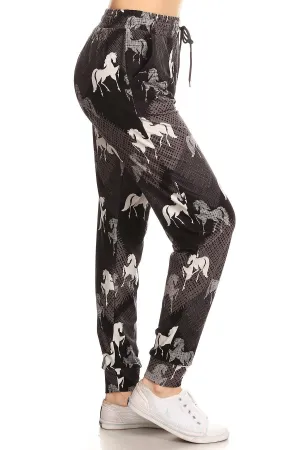 Black White Gray Horse Print Soft Lounge Jogger Pants