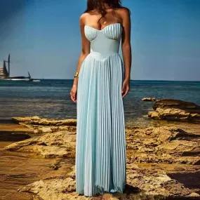 Blue Strapless Slimming Pleated Tight Dress