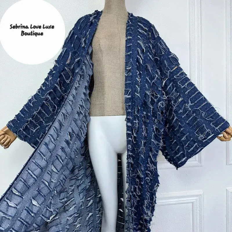 Boho Distressed Shredded Detail Denim Dark Wash Kimono Duster Coat