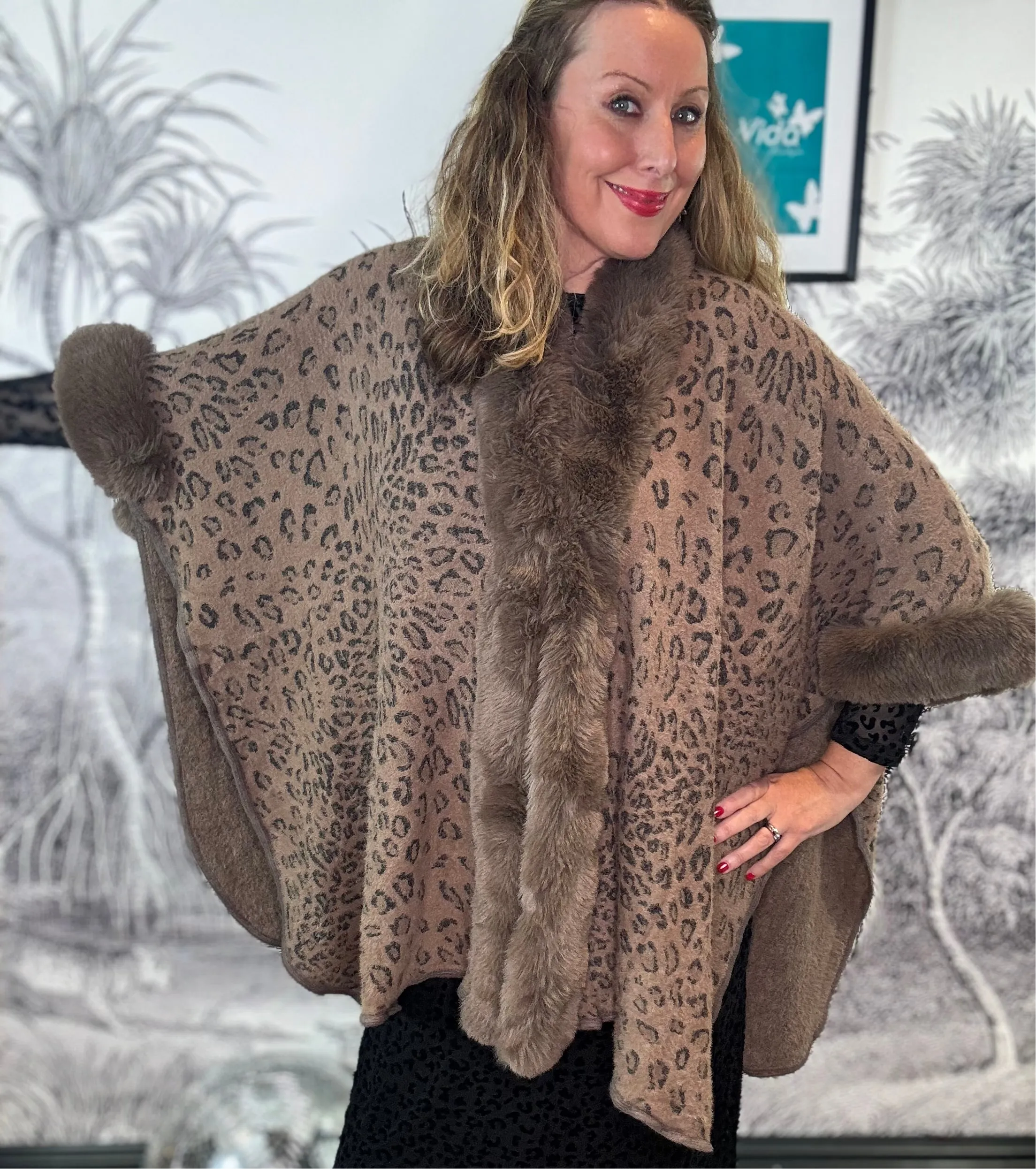 Brigitte Leopard Poncho with Faux Fur Trim