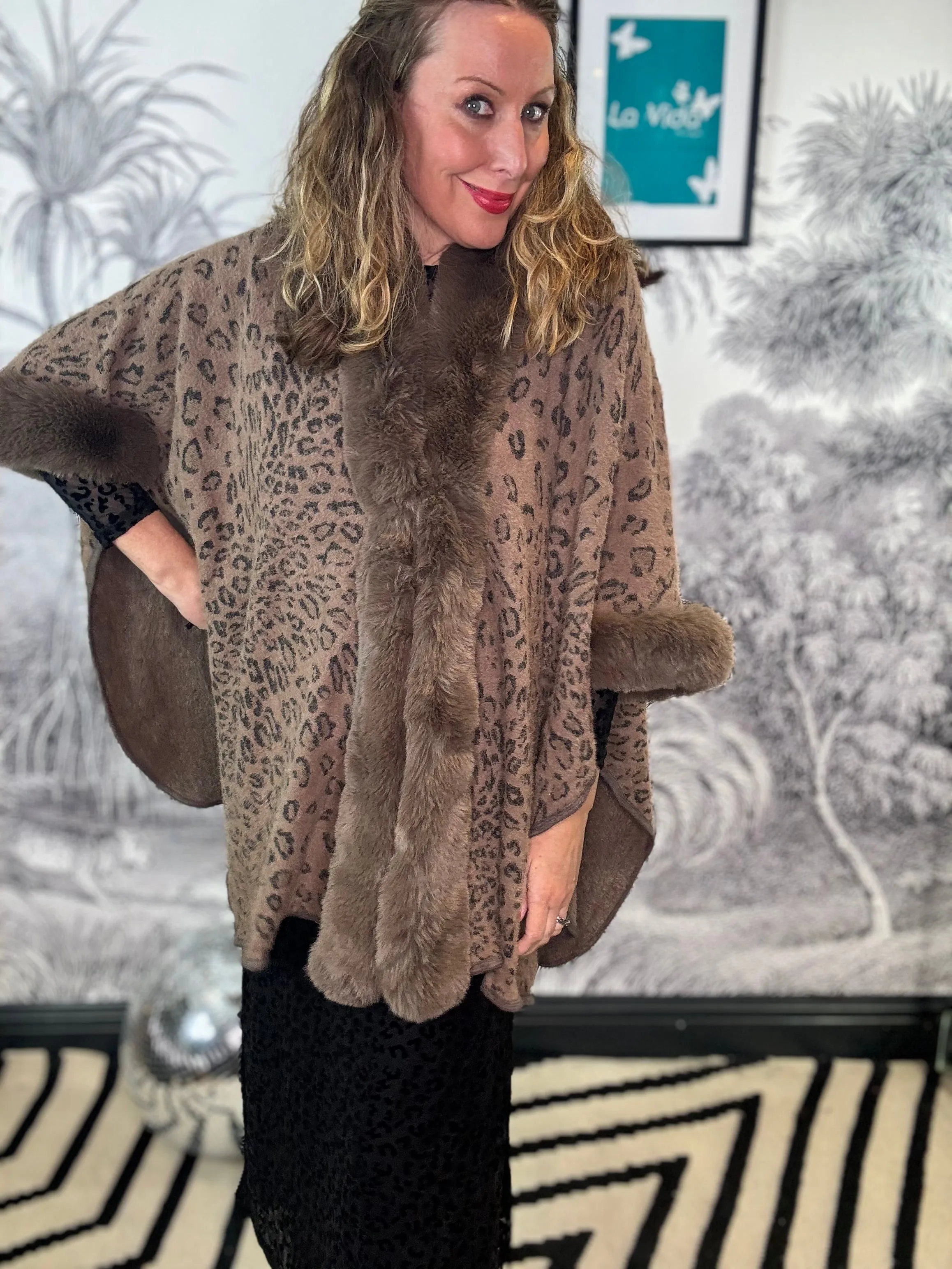 Brigitte Leopard Poncho with Faux Fur Trim