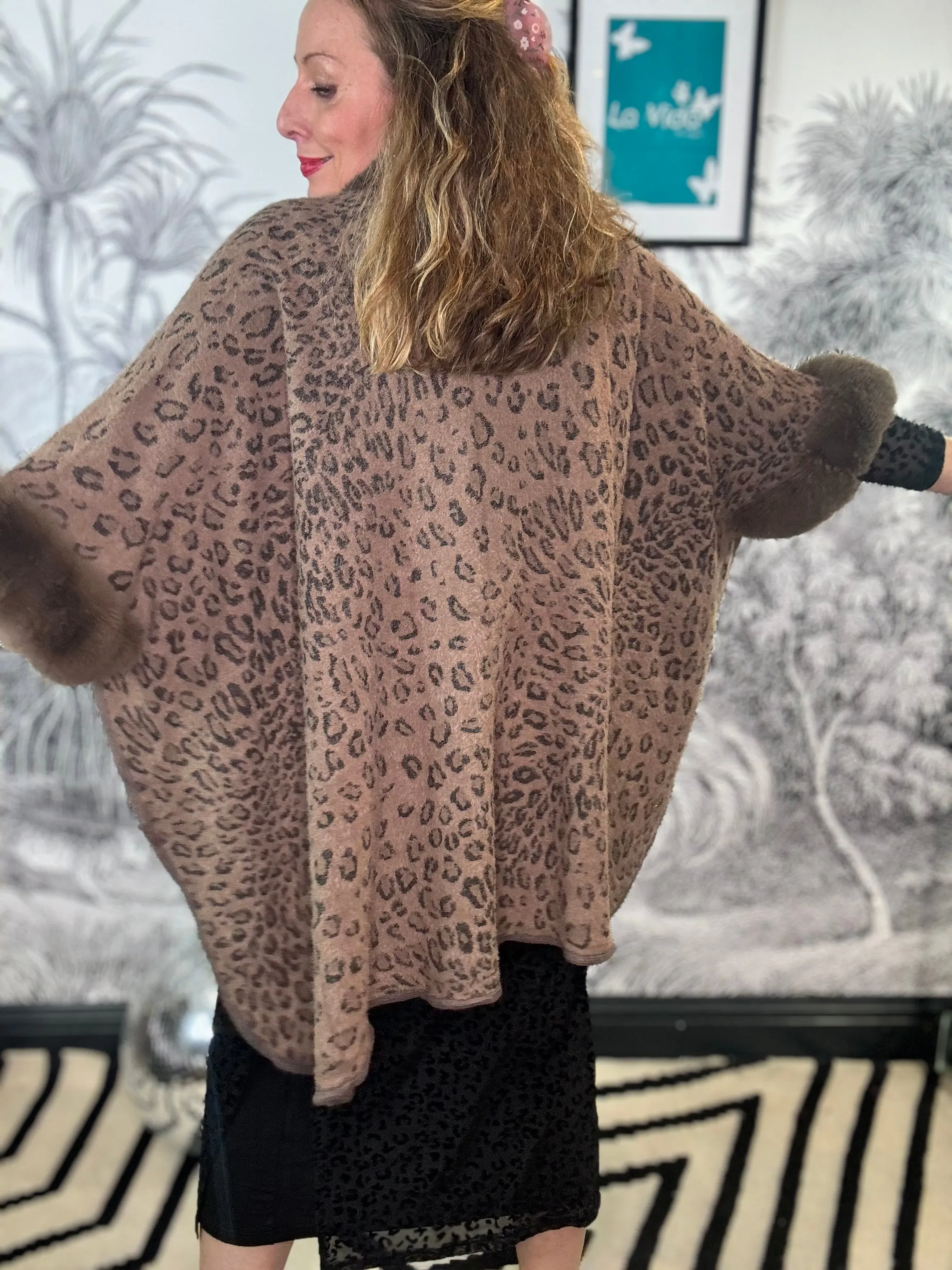 Brigitte Leopard Poncho with Faux Fur Trim