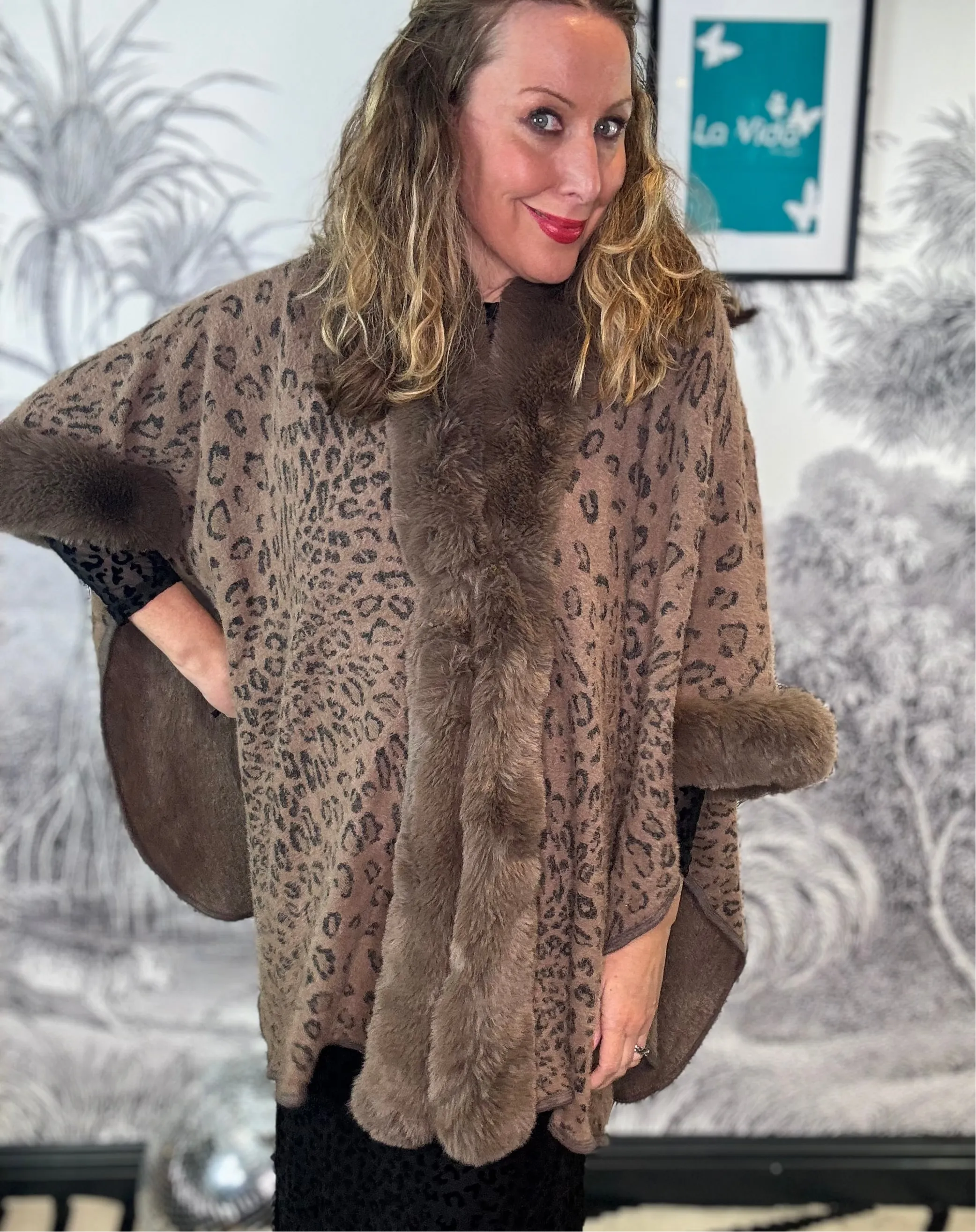 Brigitte Leopard Poncho with Faux Fur Trim