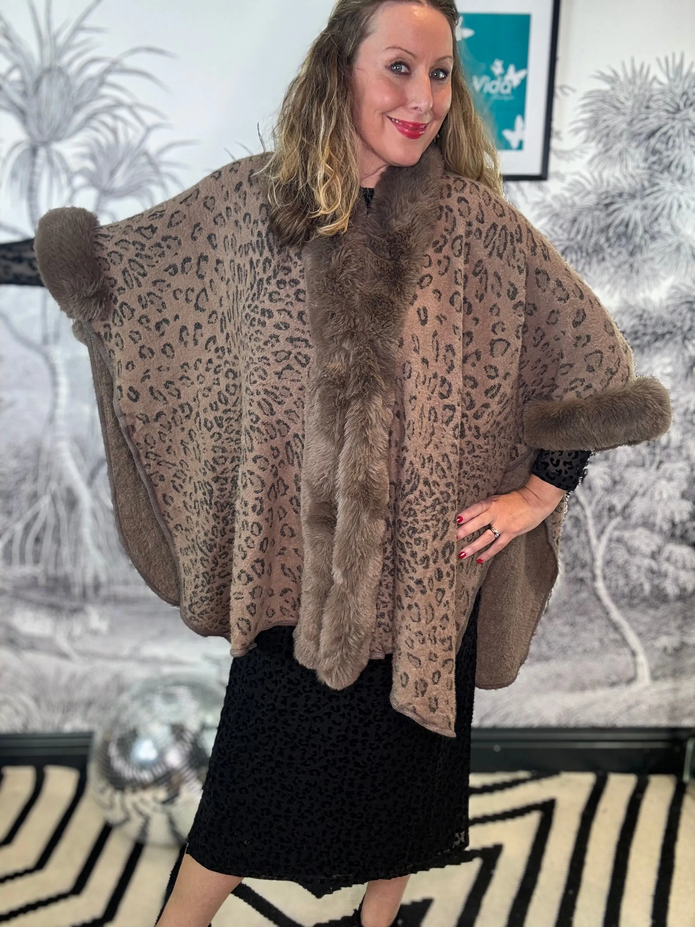 Brigitte Leopard Poncho with Faux Fur Trim