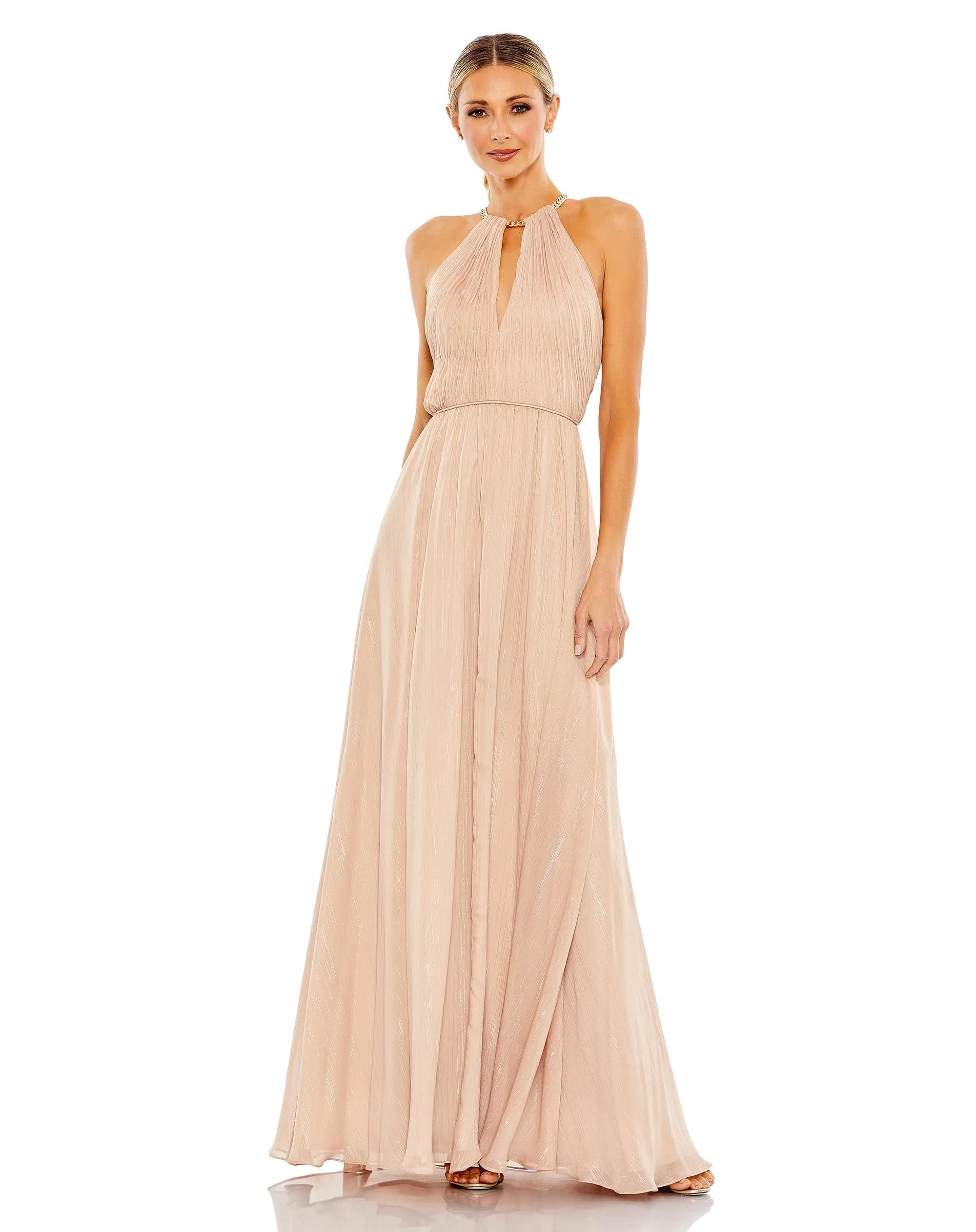 Chain Trim Keyhole Halter Neck A Line Gown