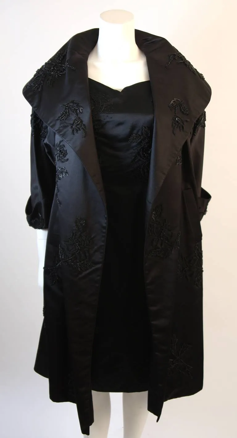 CHESTER & CO. 1950s Black Silk Cocktail Dress & Opera Coat Size 6