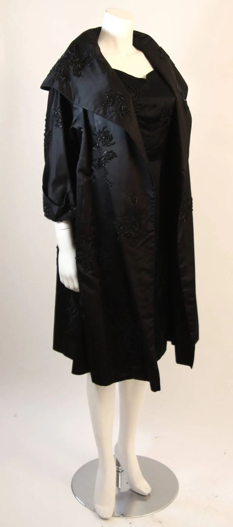 CHESTER & CO. 1950s Black Silk Cocktail Dress & Opera Coat Size 6