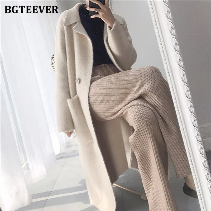 Christmas Gift Joskaa Thick Turn-down Collar One Button Women Cardigans Sweater Autumn Winter Pockets Loose Female Knit Cardigans Coat 2020