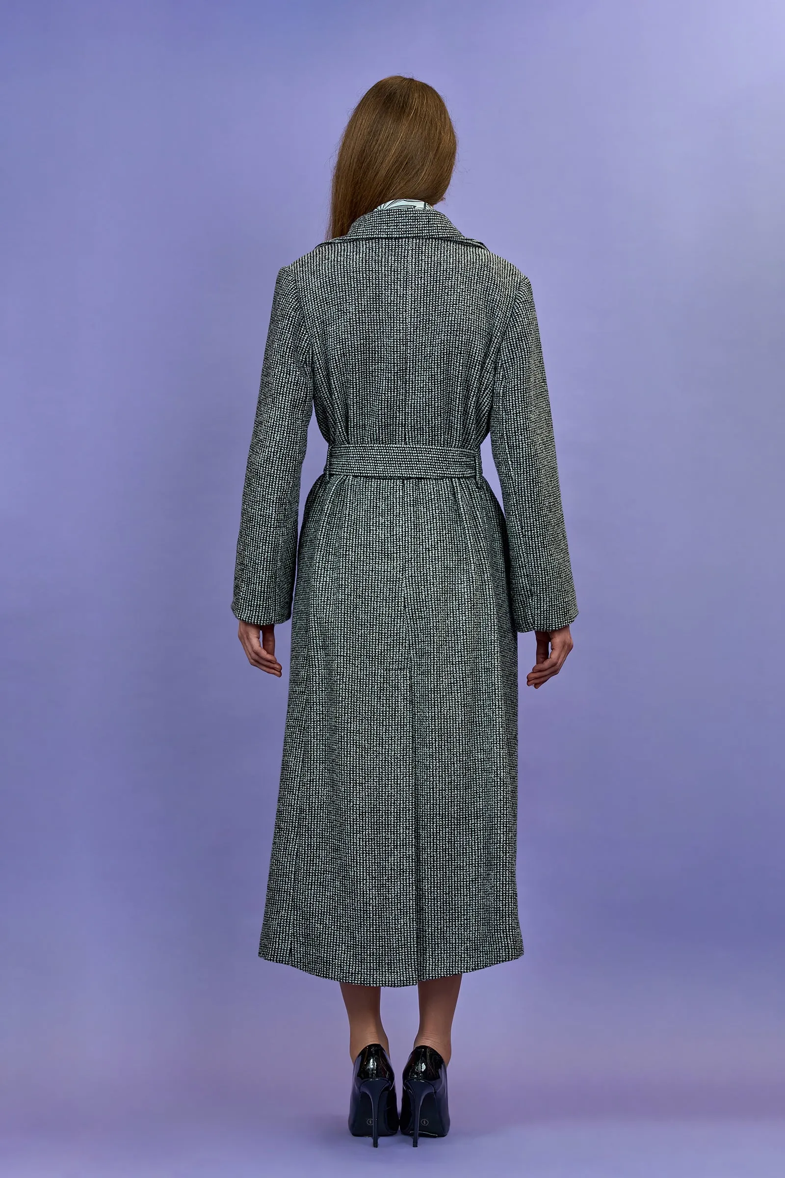 COUTURE LUREX Tweed Black Grey Belted Long Tailored Coat