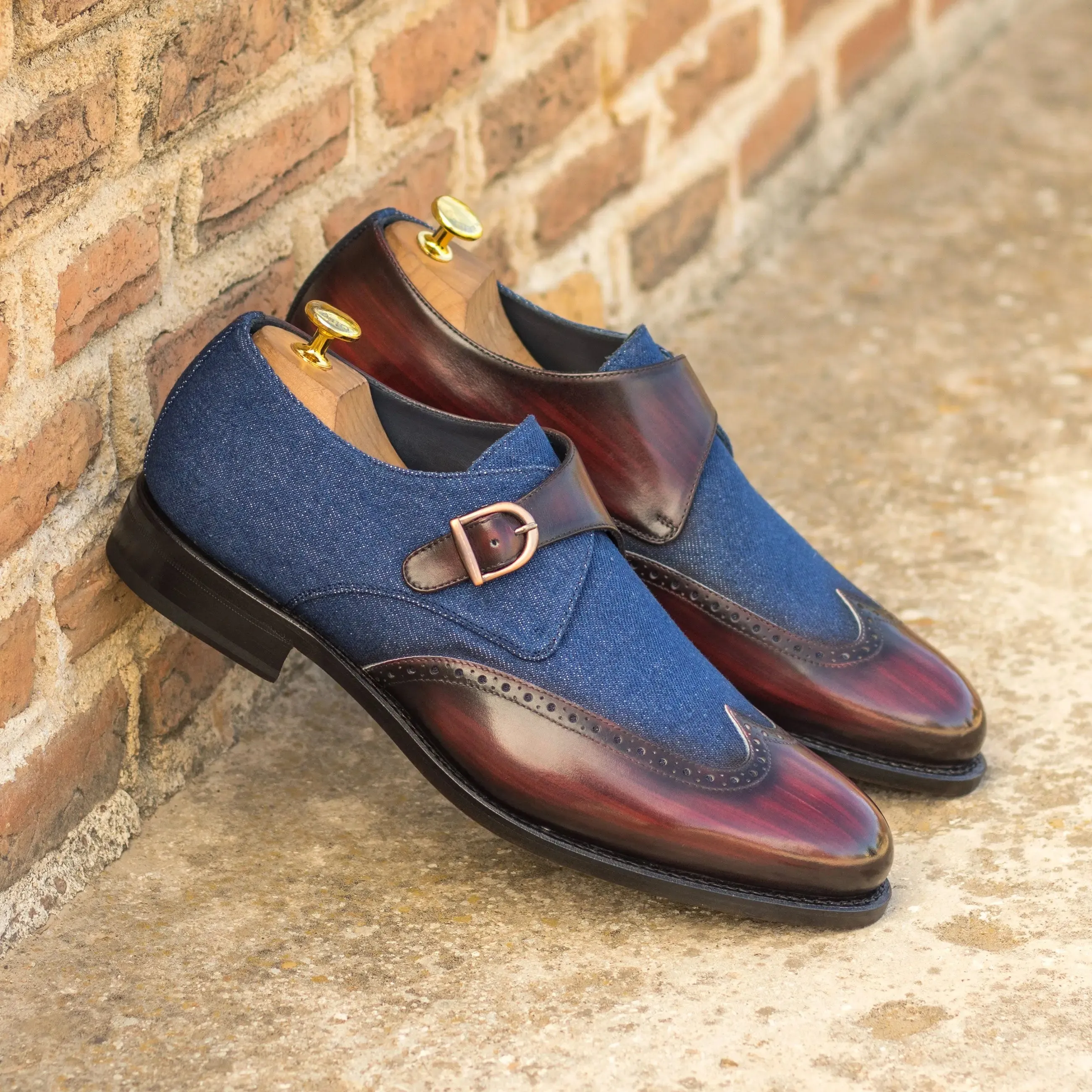 DapperFam Brenno in Burgundy / Jeans Men's Sartorial & Hand-Painted Patina Single Monk