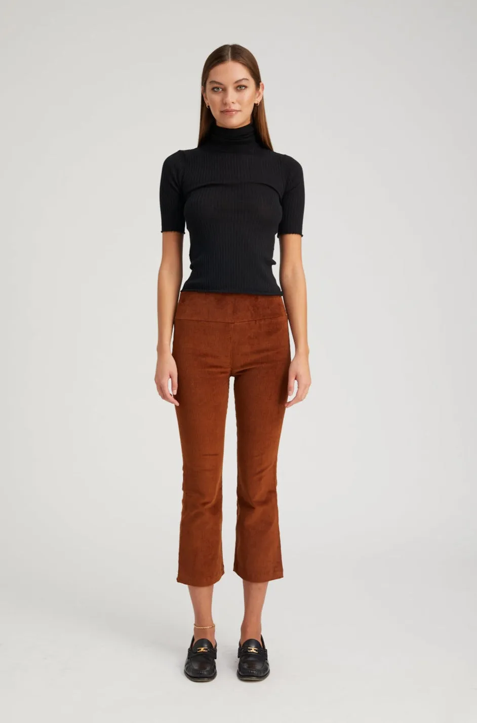 Dark Cognac Corduroy Crop Flare Pants