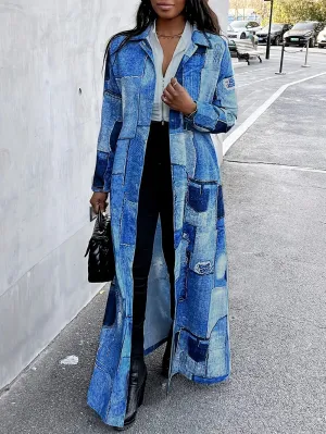 Denim Look Patchwork Print Duster Maxi Coat