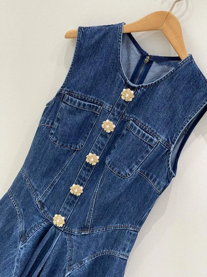 Denim Mini Dress with Fluted Pleated Skirt