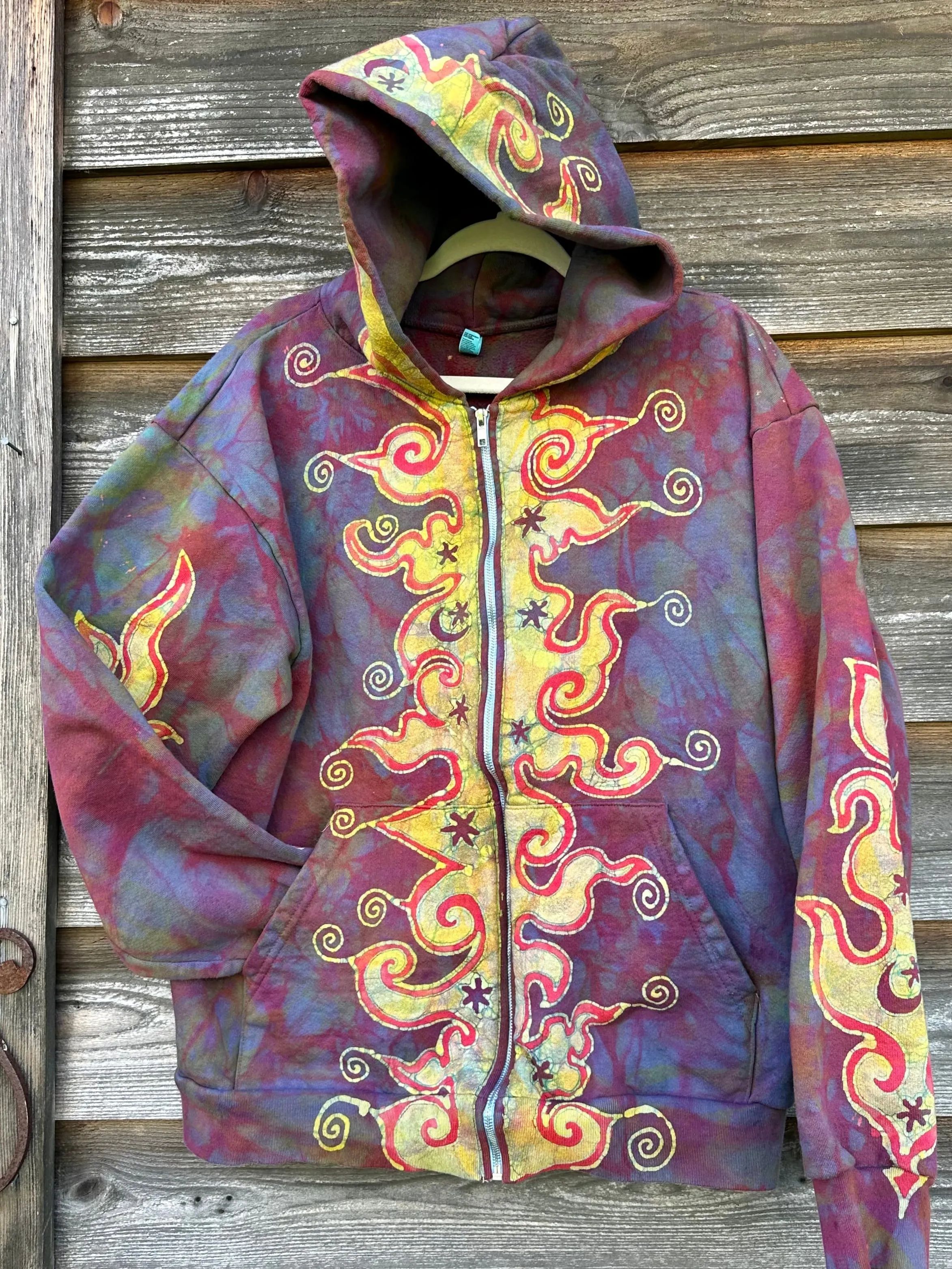 Driftwood Bonfire Swirls Handcrafted Batik Zipper Hoodie - Unisex Size Large