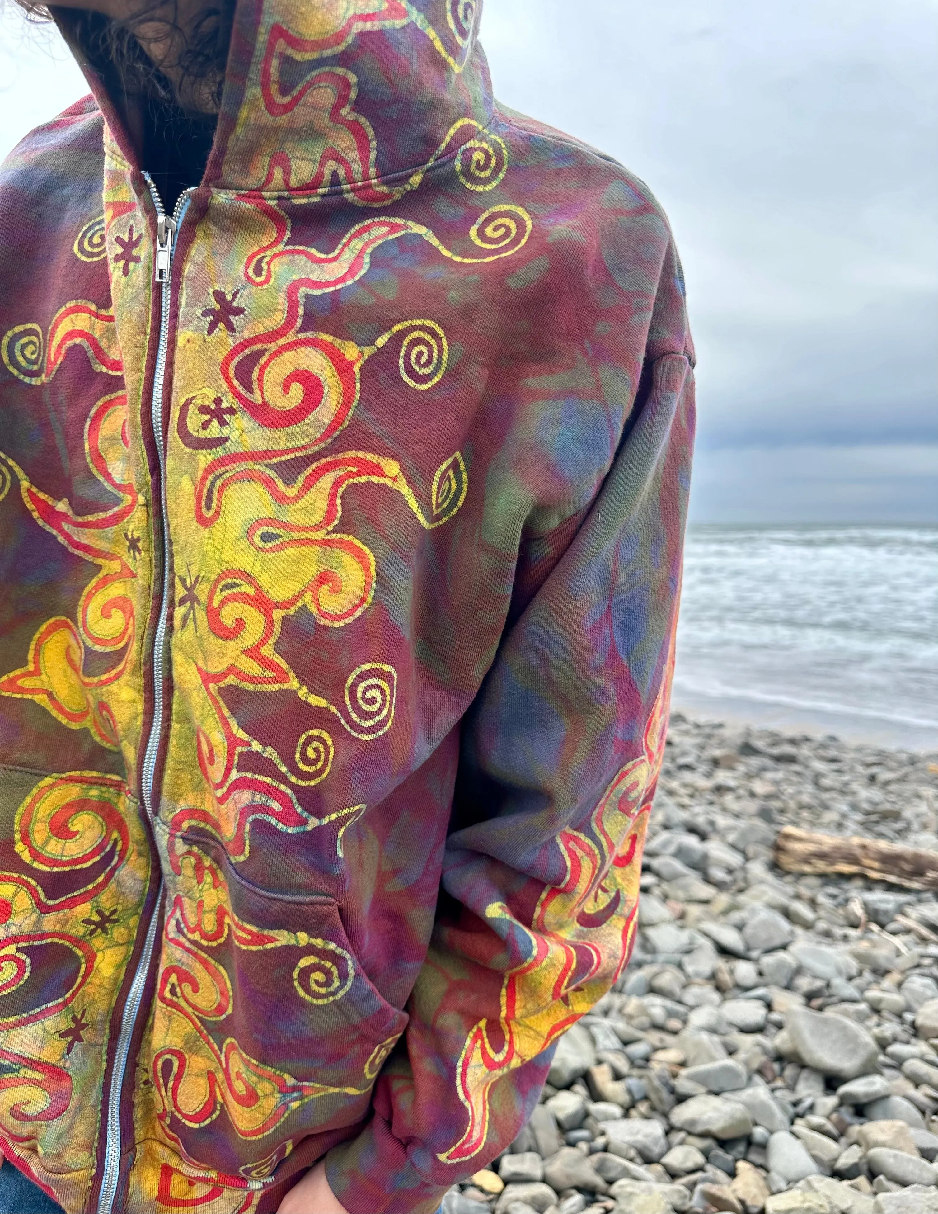 Driftwood Bonfire Swirls Handcrafted Batik Zipper Hoodie - Unisex Size Large