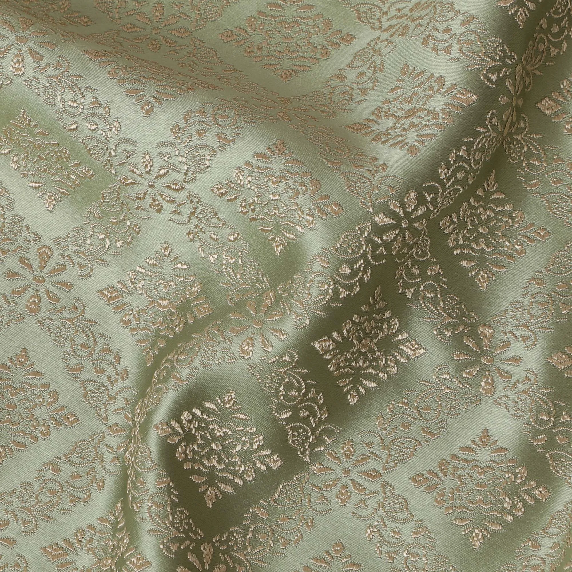 Elegant Mint Green and Gold Synthetic Brocade Fabric with Geometric Floral Pattern â€“ 140 cm Width-D19382