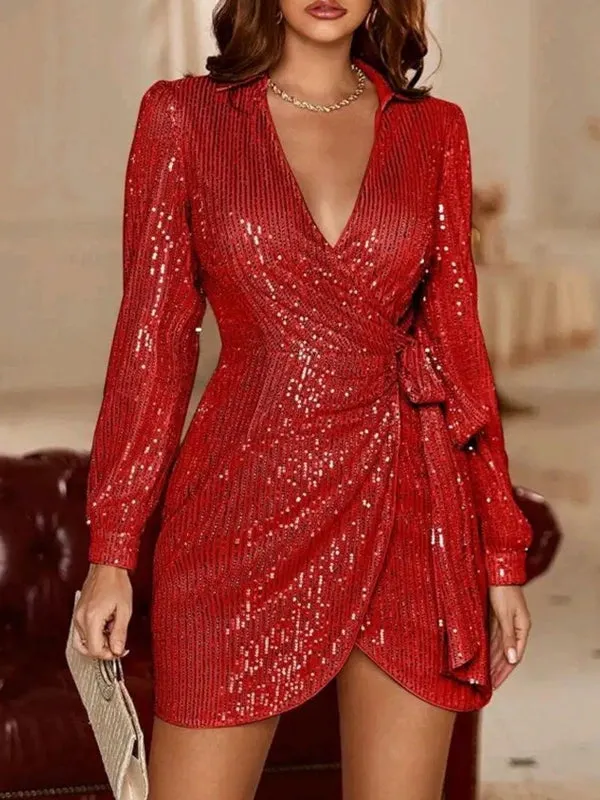 Elegant Silver Sequined Wrap Party Dress