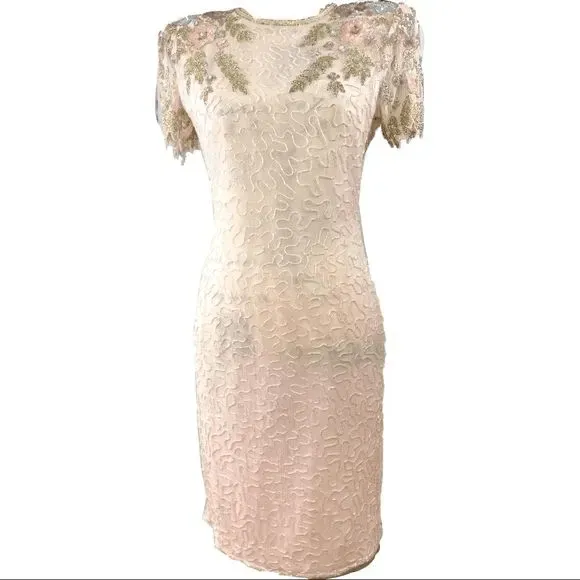 Exquisite Short Sleeve Pink Sequin Floral Dress by Scala