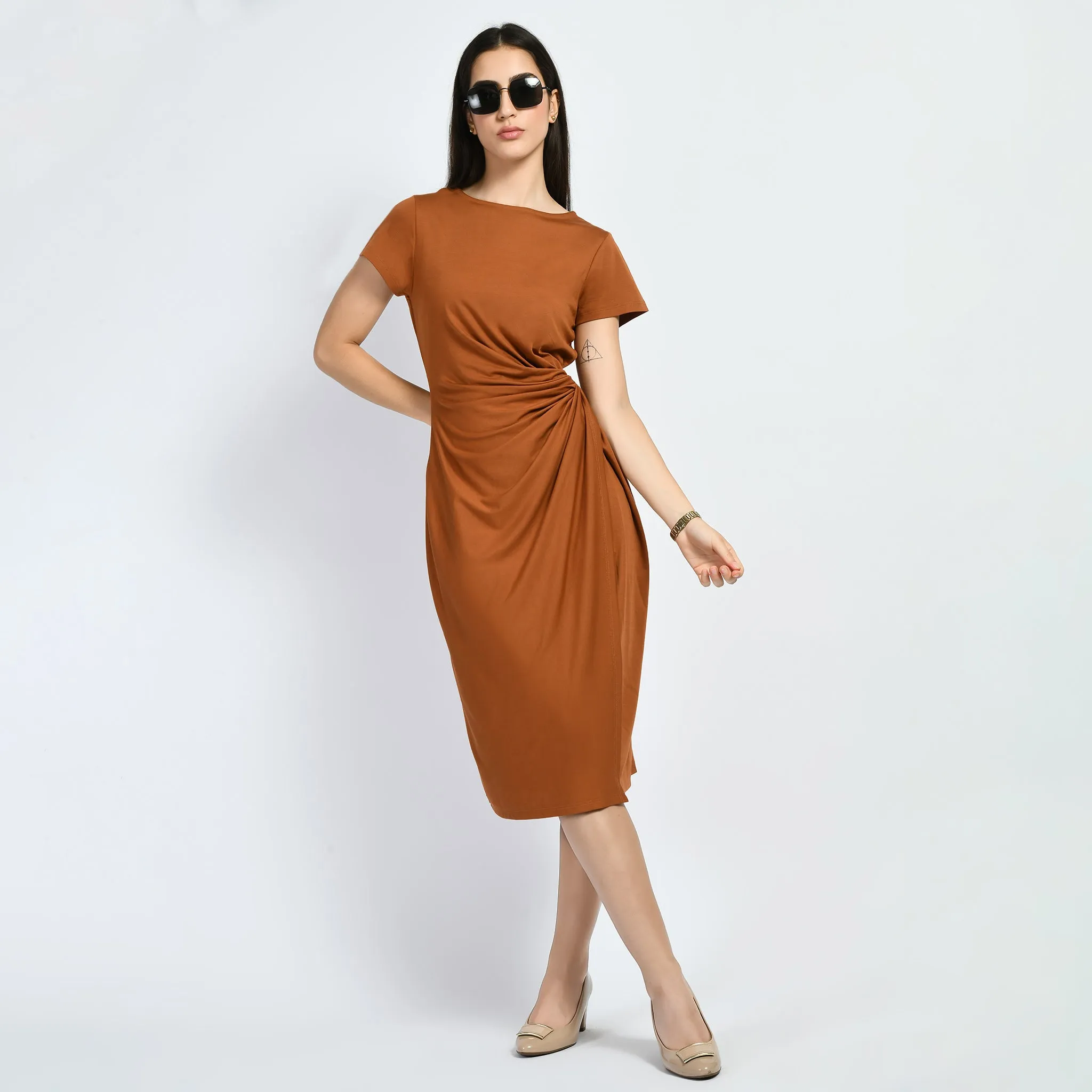 Exude Luminosity Side Knot Wrap Dress (Tan Brown)