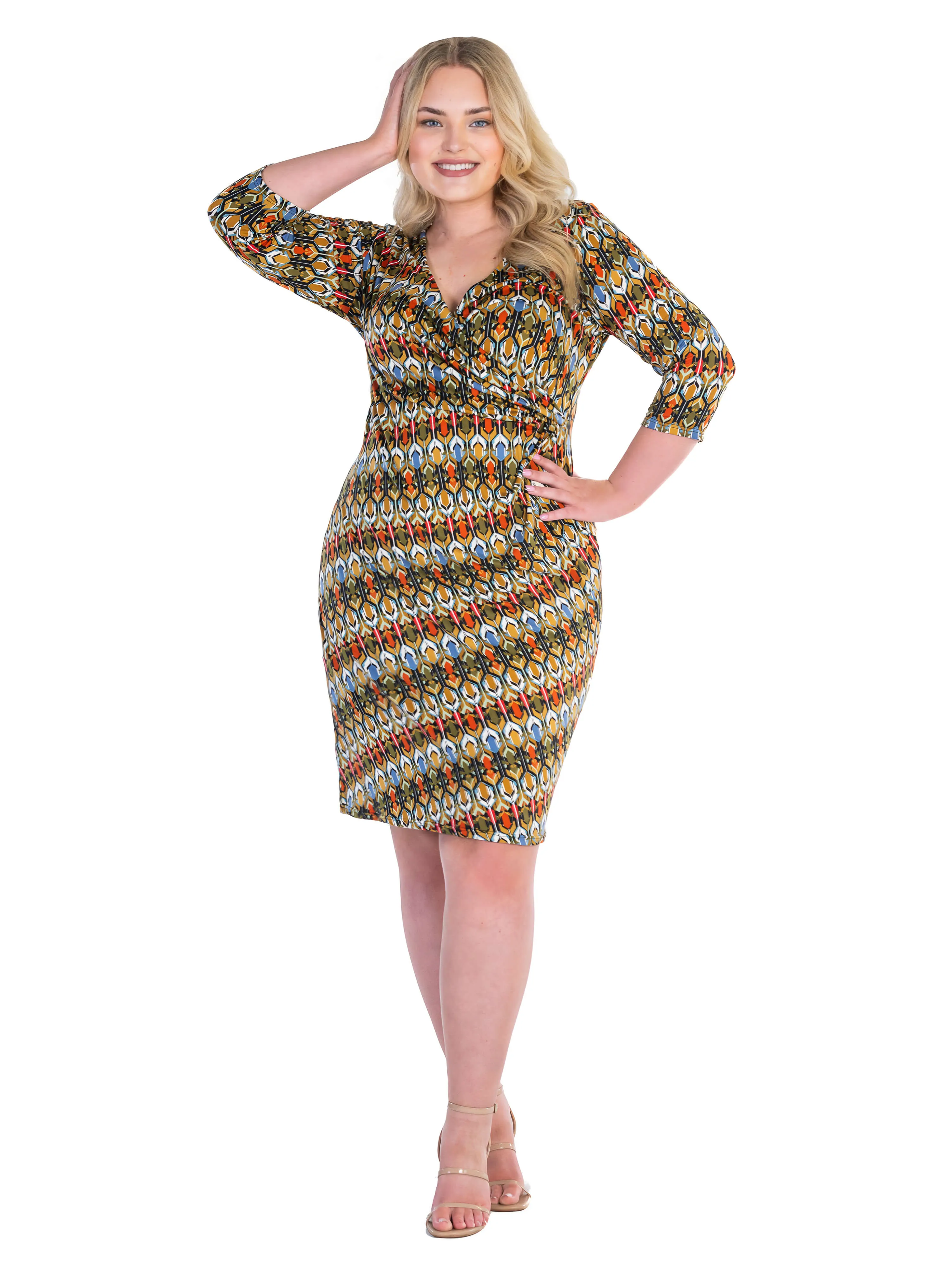 Fall Geometric Print Knee Length Faux Wrap Plus Size Dress