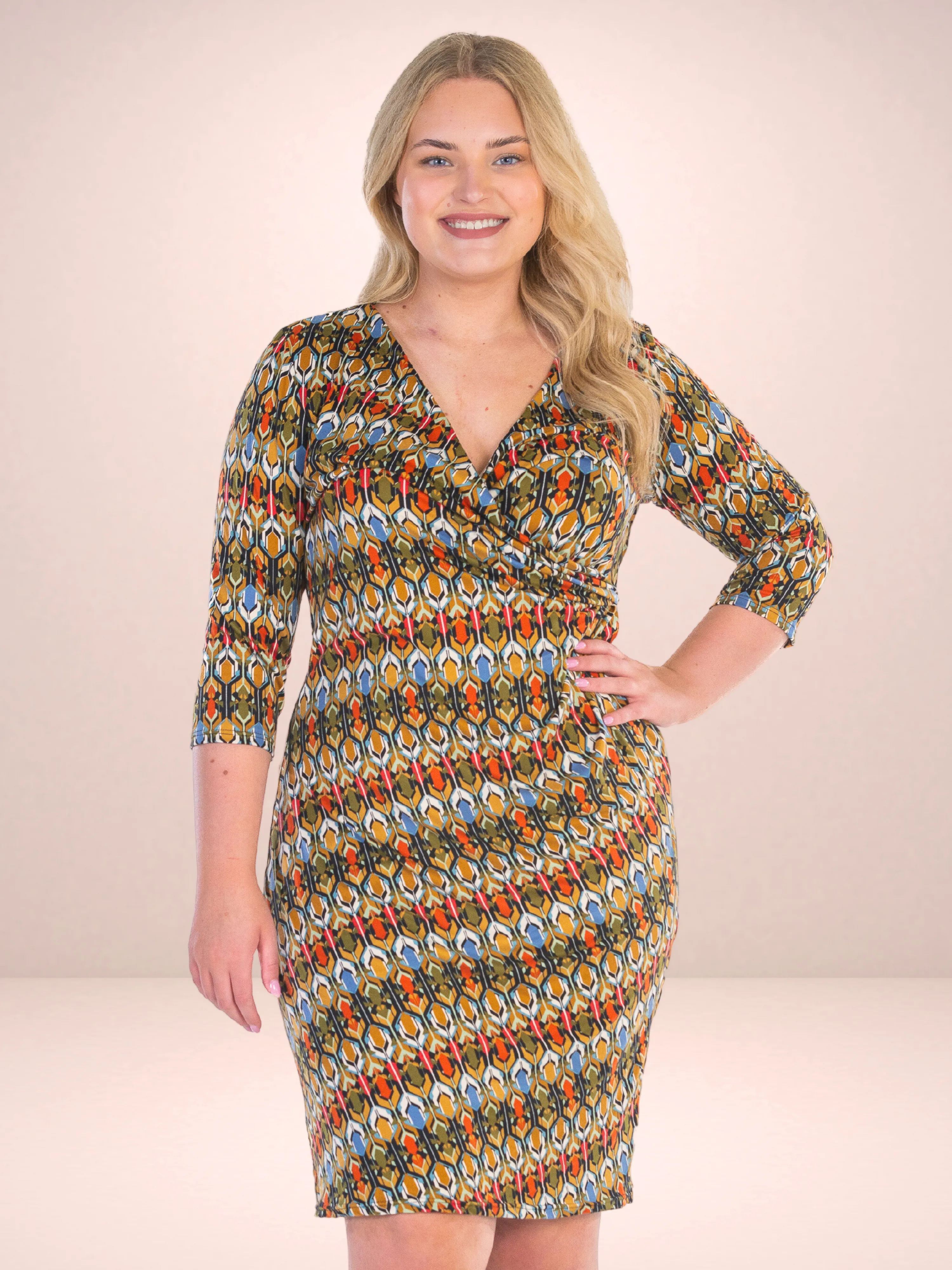 Fall Geometric Print Knee Length Faux Wrap Plus Size Dress