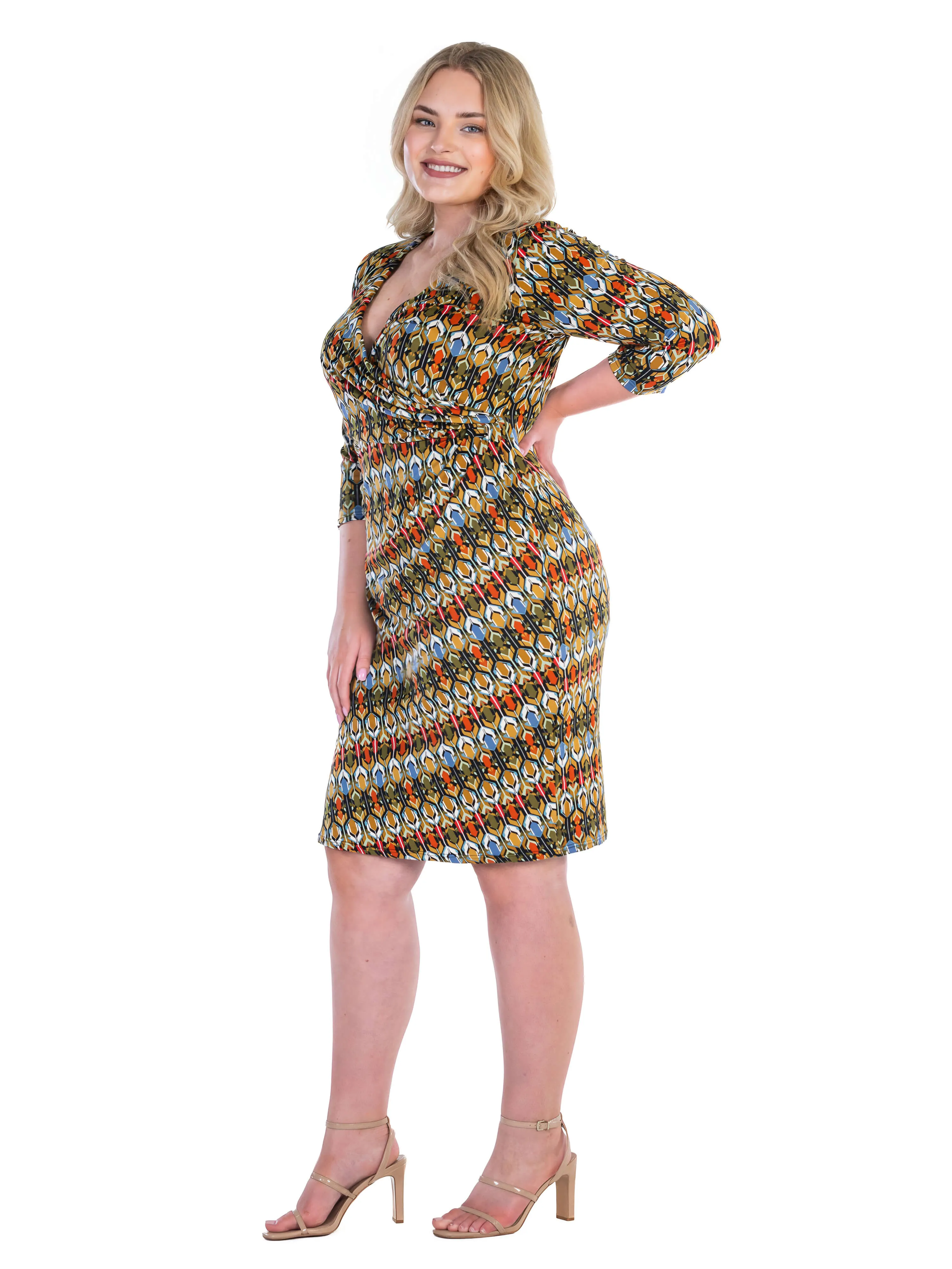 Fall Geometric Print Knee Length Faux Wrap Plus Size Dress