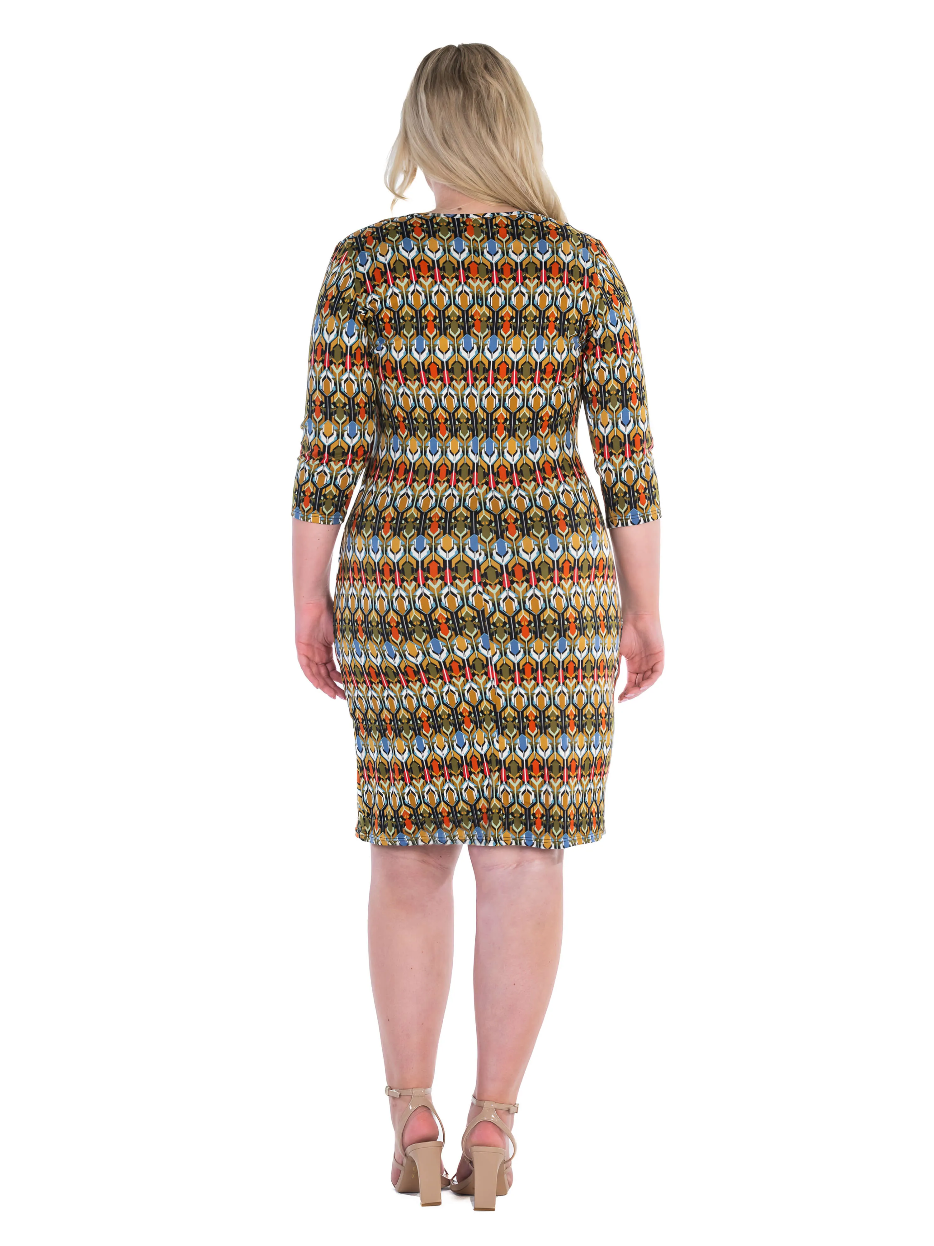 Fall Geometric Print Knee Length Faux Wrap Plus Size Dress