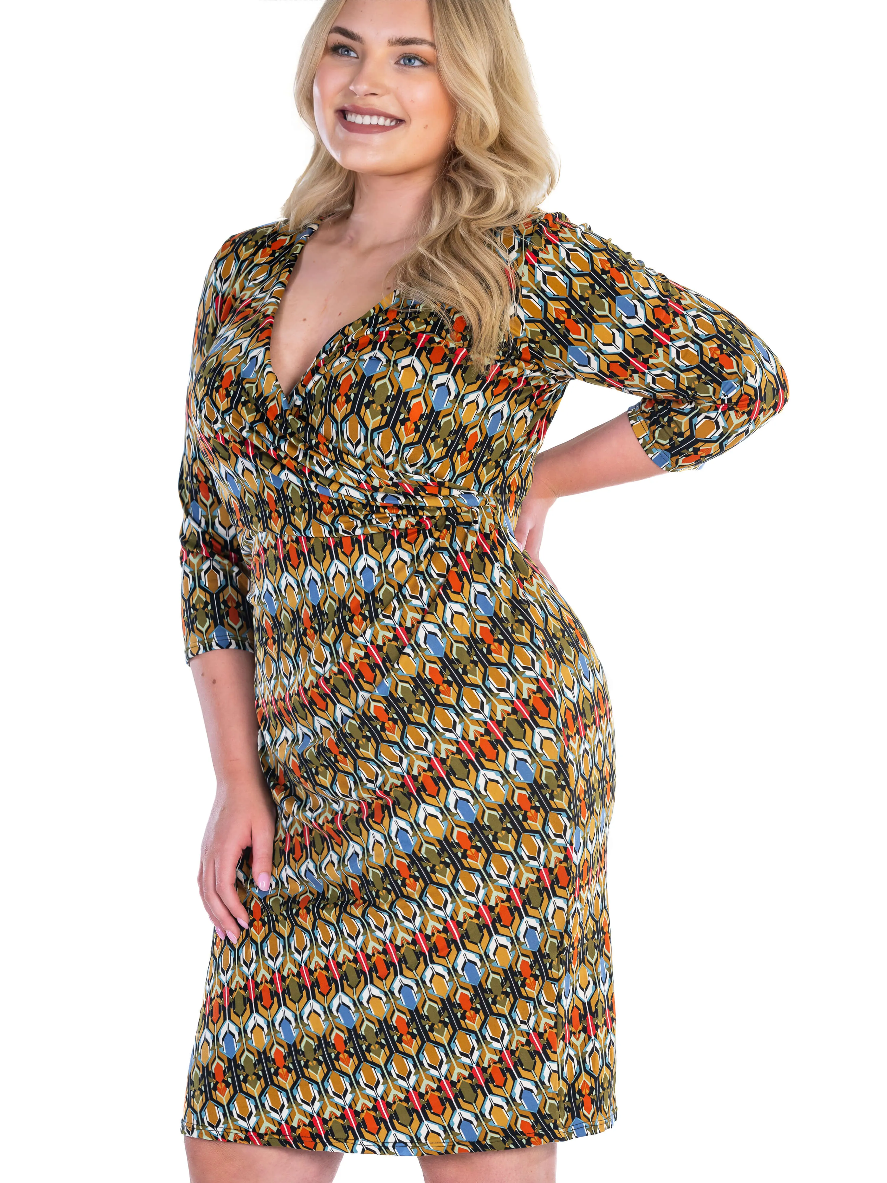 Fall Geometric Print Knee Length Faux Wrap Plus Size Dress