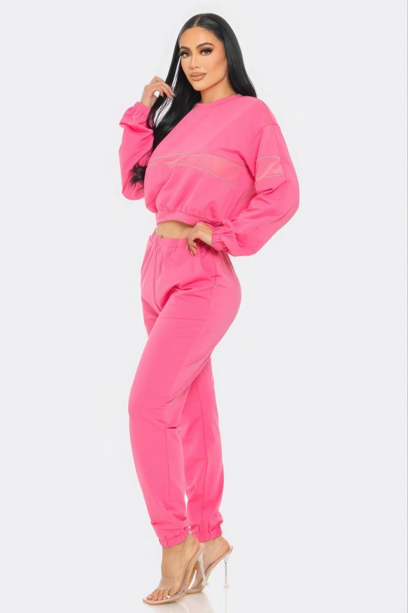 Fashion Outift Set Sweater and Sweatpants Jogger Two Piece  Pink with Rhinestone Detail Sport Fashion  and Loungewear