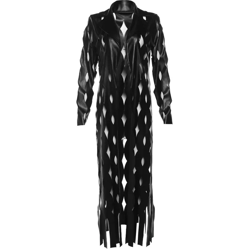 Faux Leather Laser Cut Maxi Coat