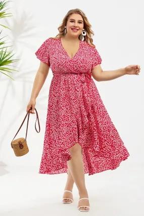 Floral Red Flutter Sleeves Ruffle Wrap Split Hem Dress