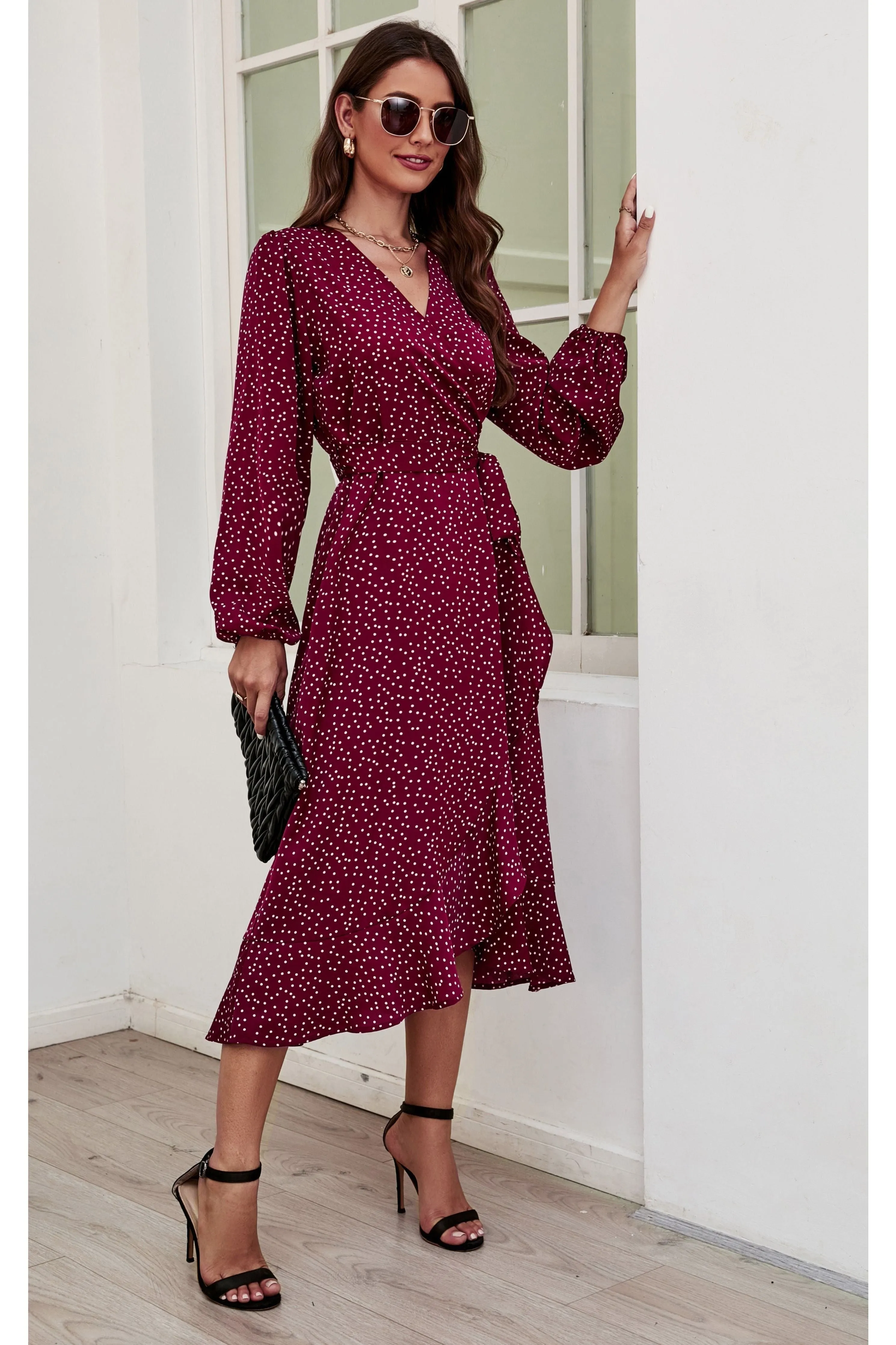 FS Collection Long Sleeve Wrap Midi Dress In Wine