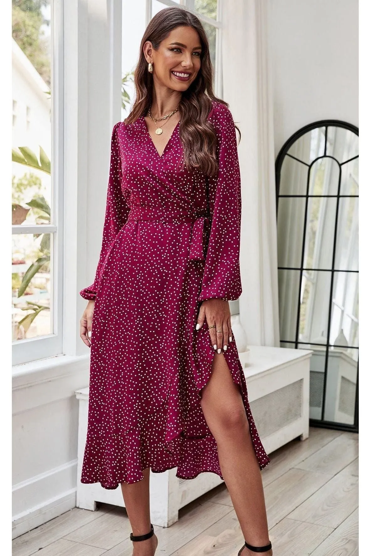 FS Collection Long Sleeve Wrap Midi Dress In Wine