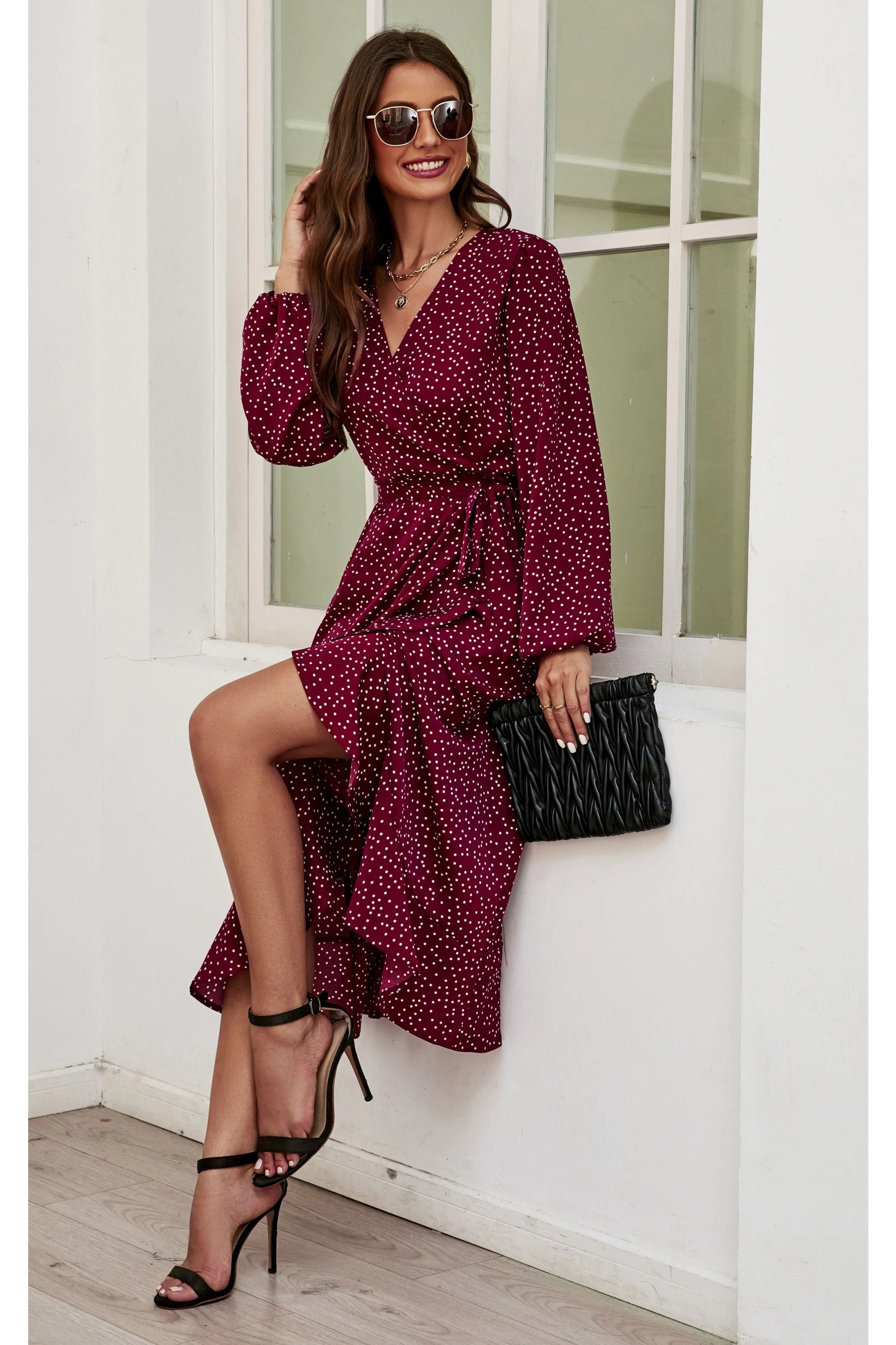 FS Collection Long Sleeve Wrap Midi Dress In Wine