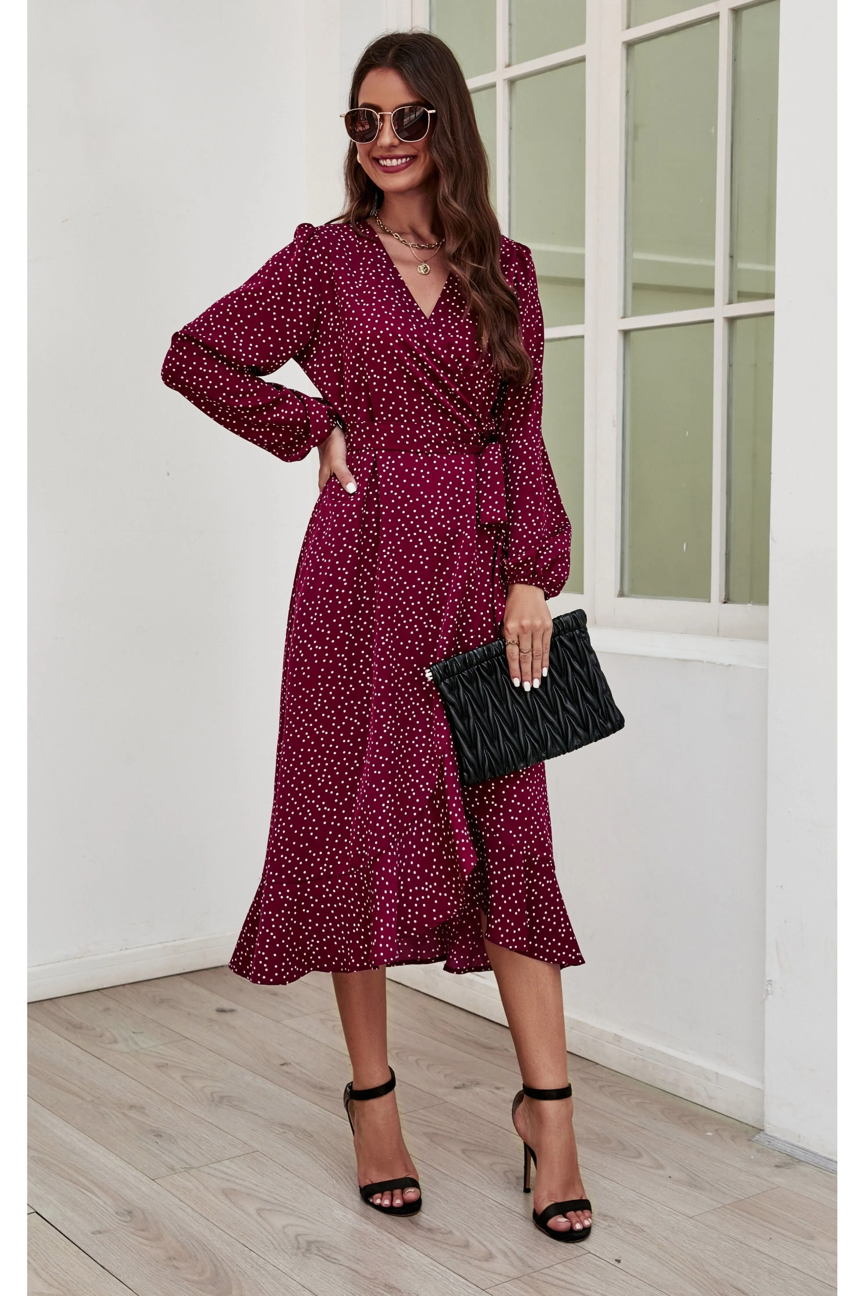 FS Collection Long Sleeve Wrap Midi Dress In Wine