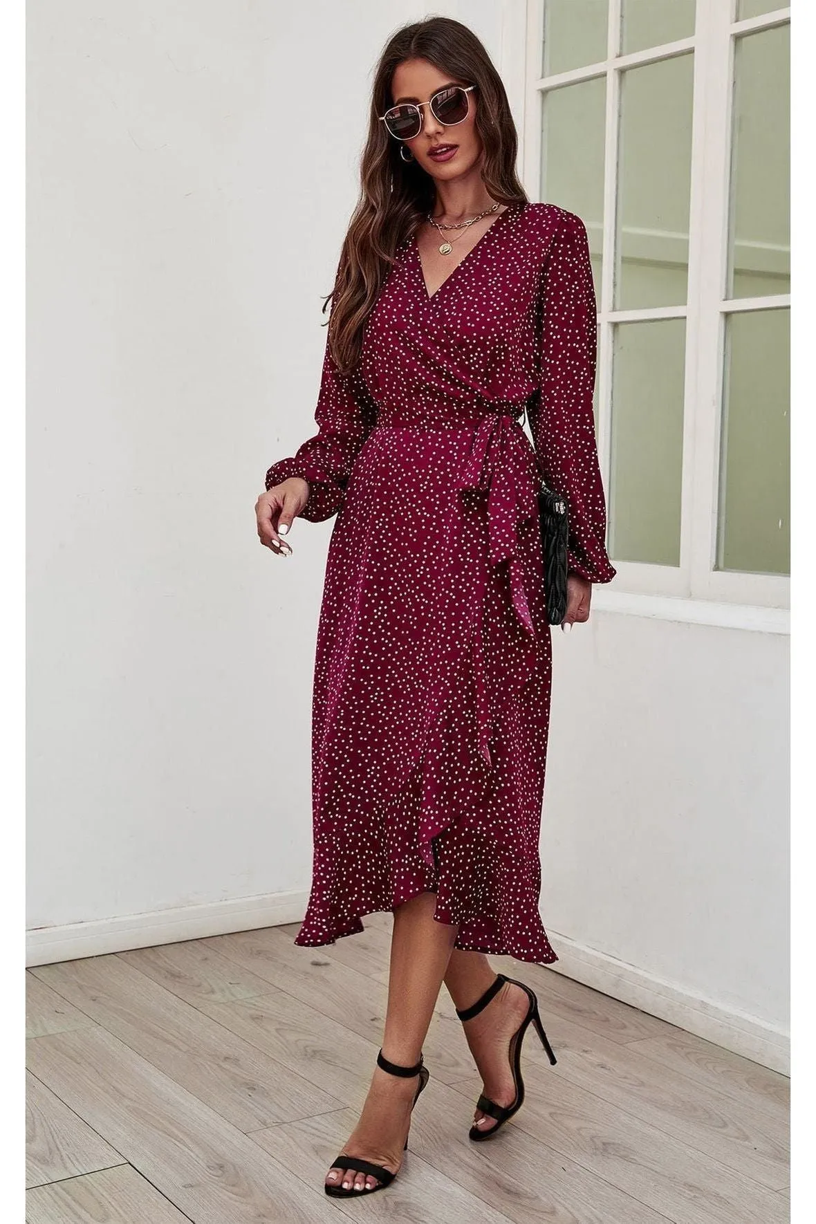 FS Collection Long Sleeve Wrap Midi Dress In Wine