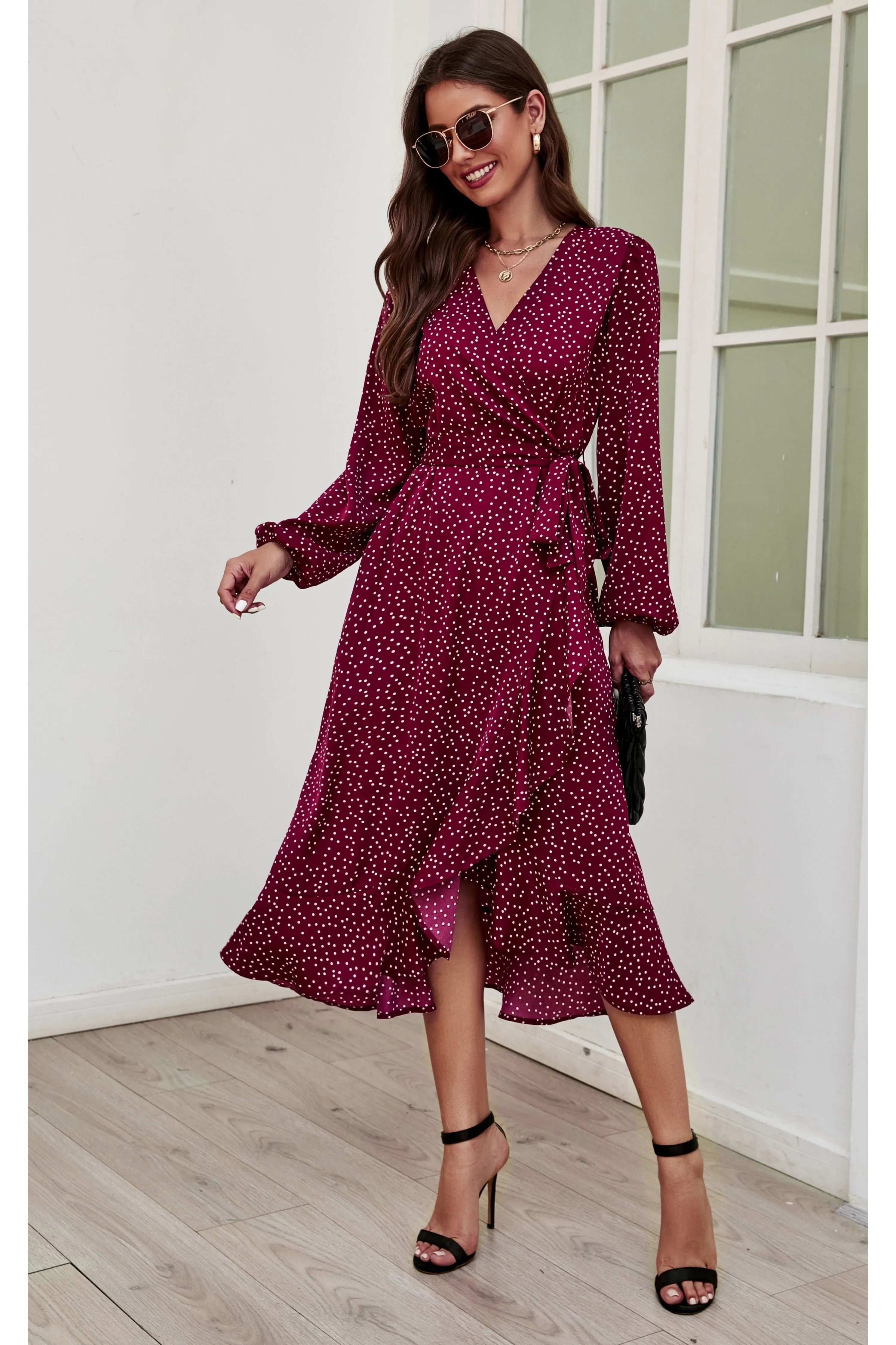 FS Collection Long Sleeve Wrap Midi Dress In Wine