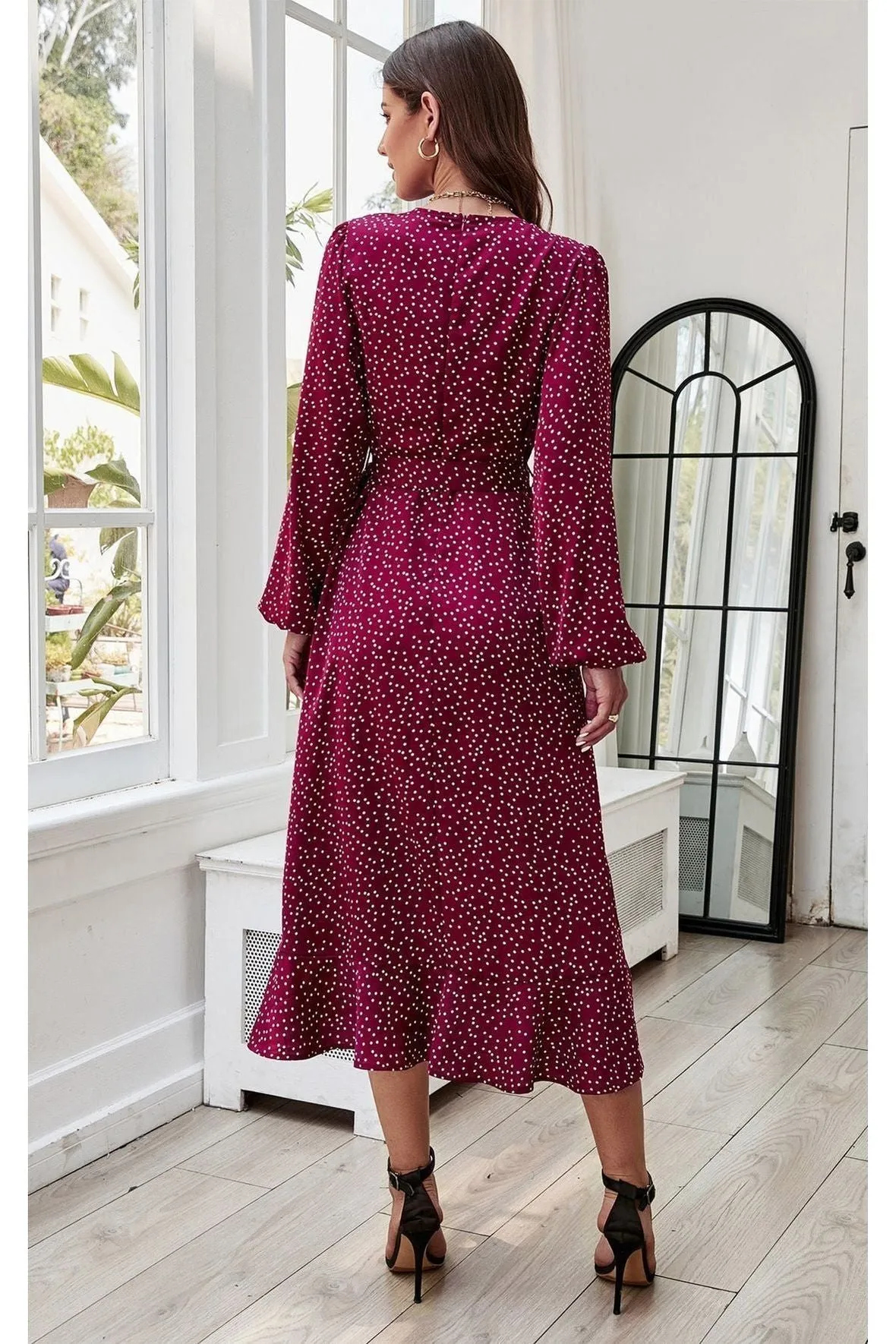 FS Collection Long Sleeve Wrap Midi Dress In Wine