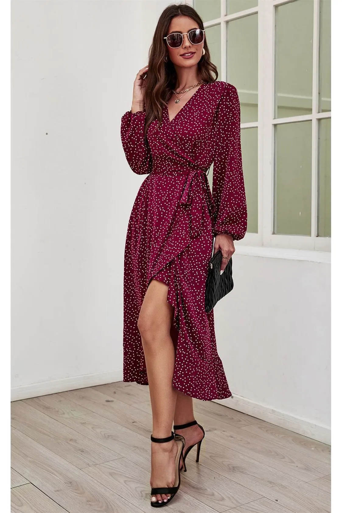 FS Collection Long Sleeve Wrap Midi Dress In Wine