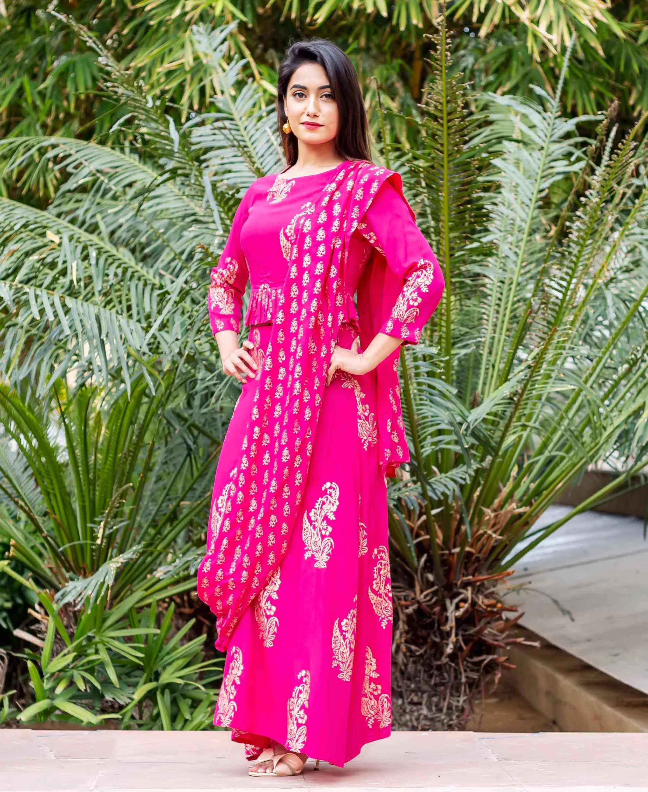 Fuchsia and Gold Printed Top with Saree Skirt