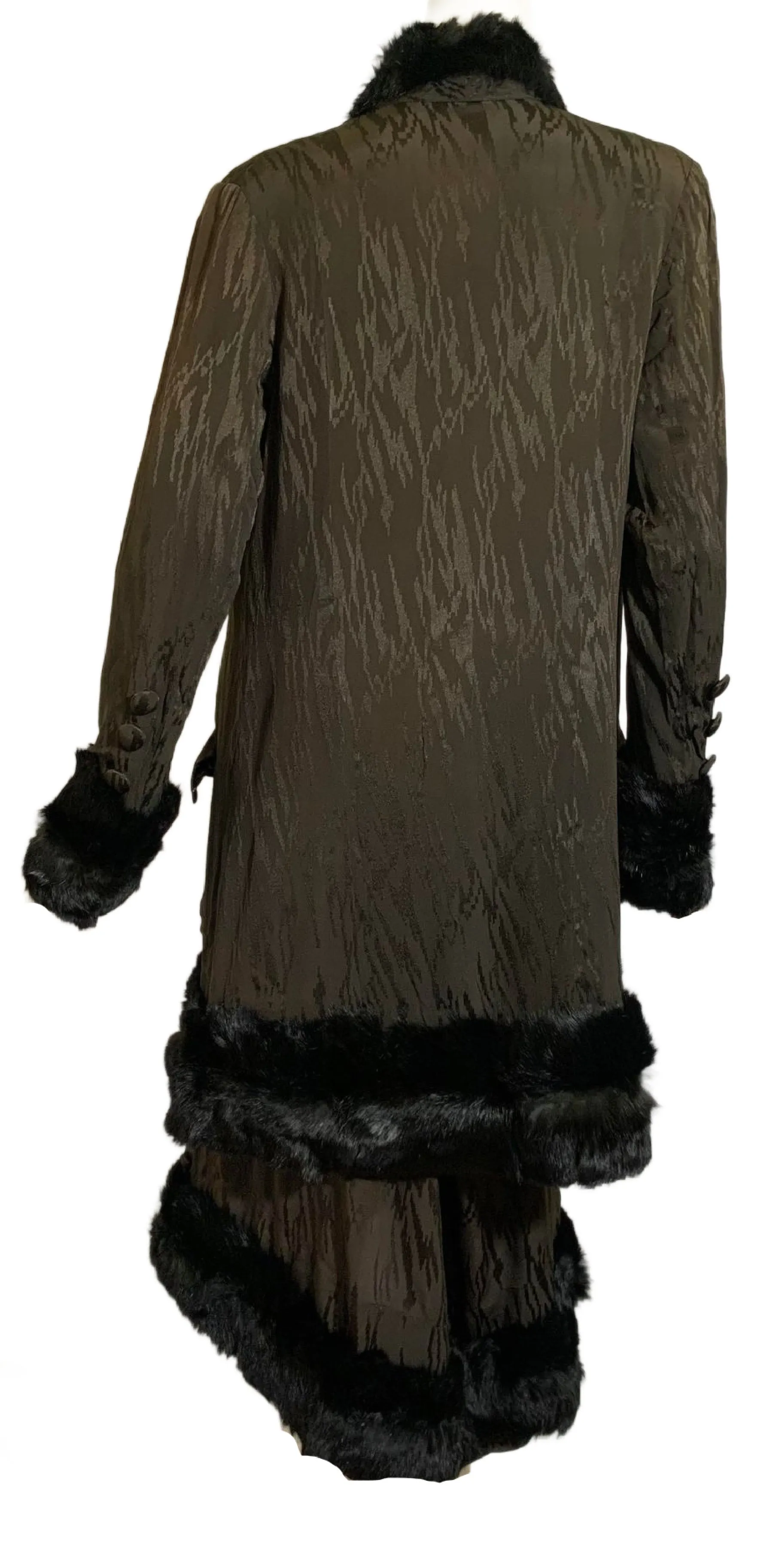 Fur Trimmed Flame Textured Silk Jacket and Skirt in Rich Deep Brown circa 1910s