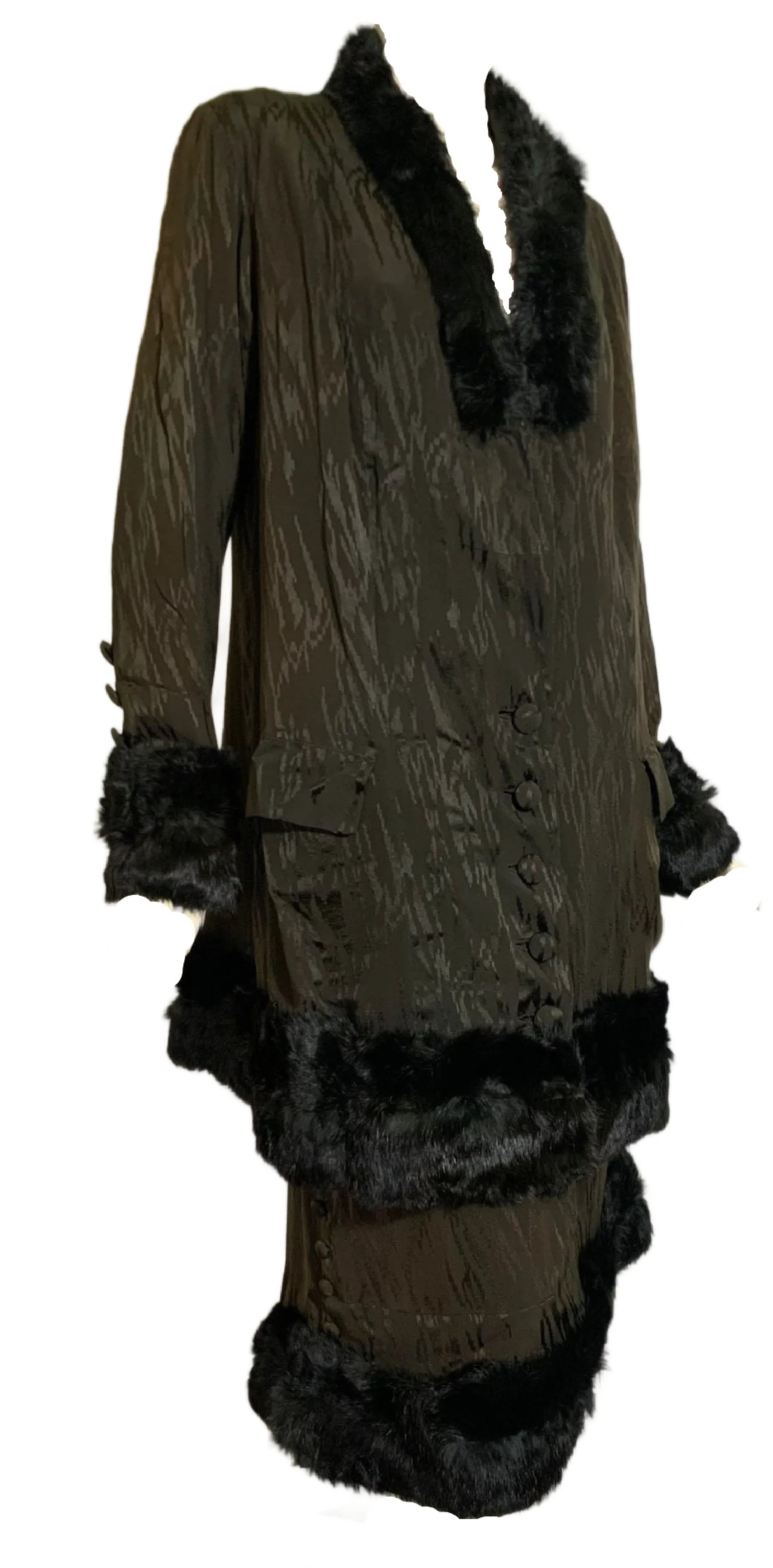 Fur Trimmed Flame Textured Silk Jacket and Skirt in Rich Deep Brown circa 1910s