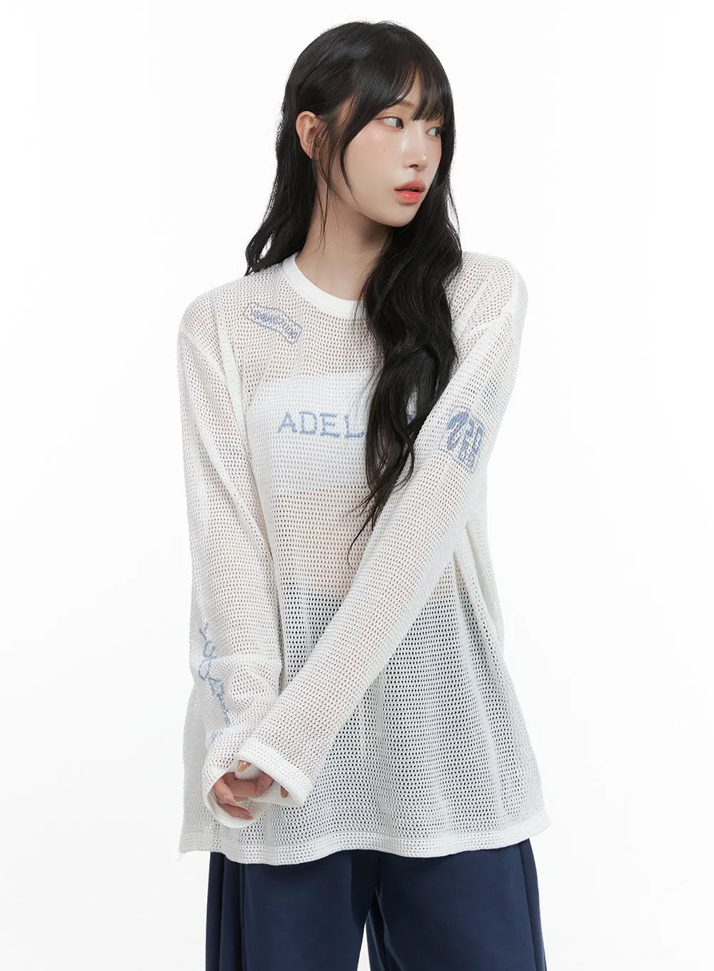 Graphic Oversized Mesh Long Sleeve Tee CG421